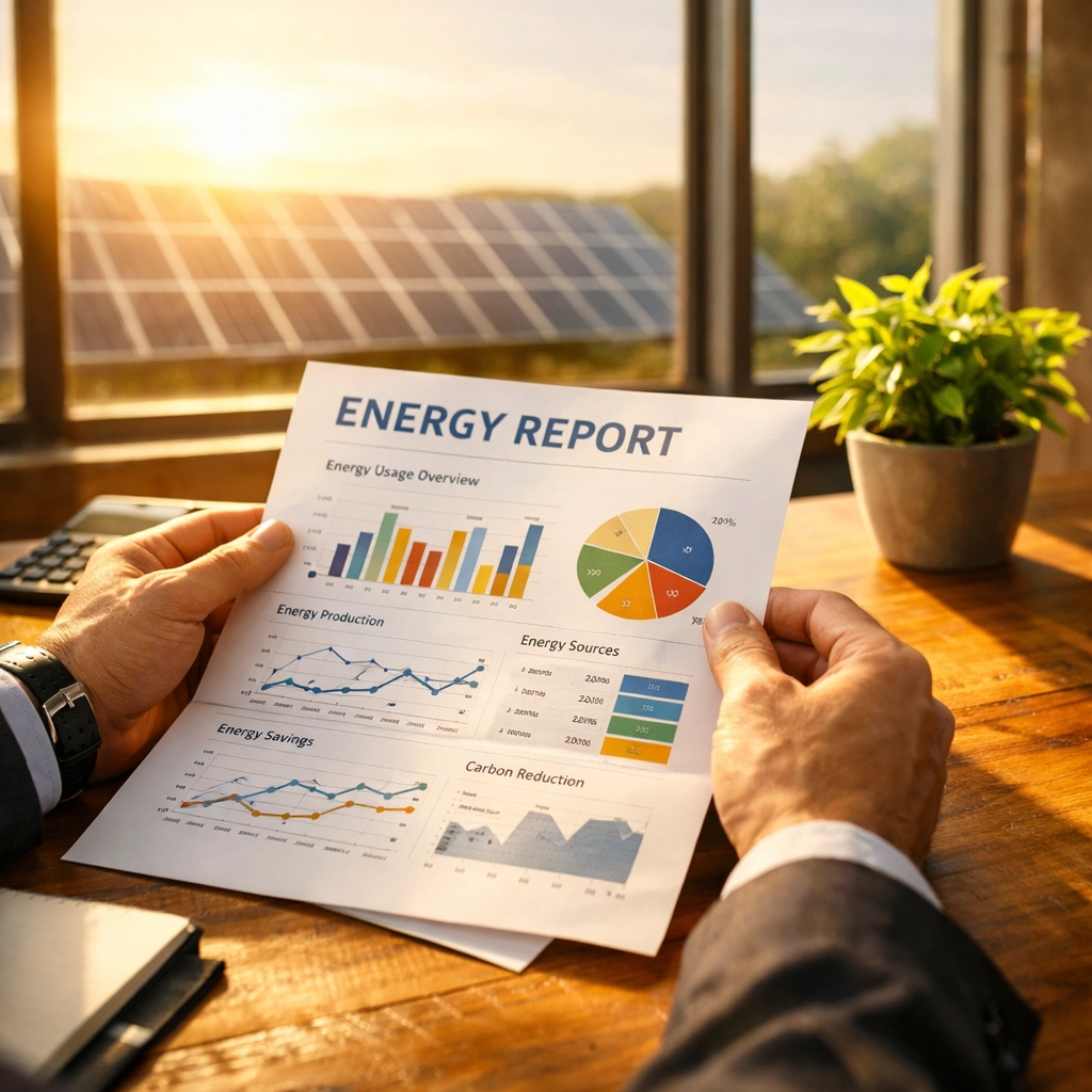 Business owner holding an energy performance report with solar panels seen through a window.