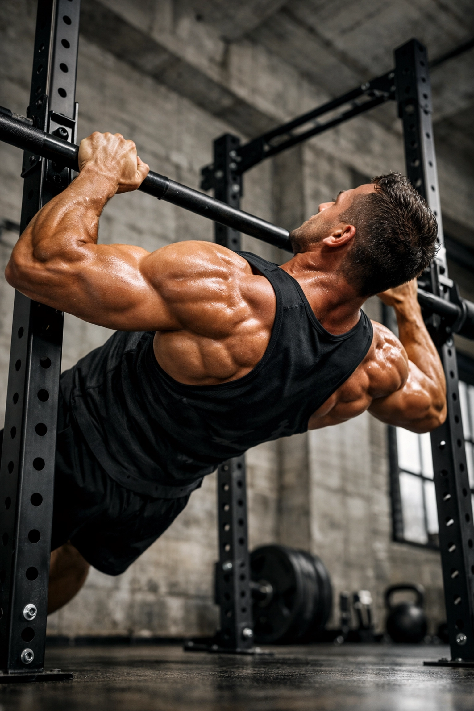 Athlete performing rows on a floor to ceiling gym system, showcasing a versatile home gym setup.