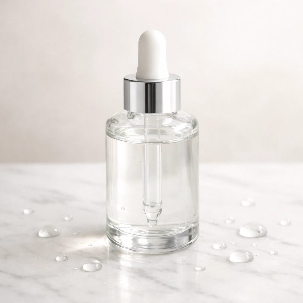 Squalane oil bottle with water droplets showing hydrating properties for skin