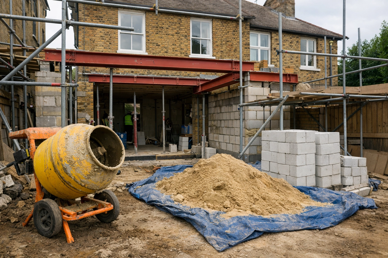 North London builders installing structural steel beams for a premium house extension project.