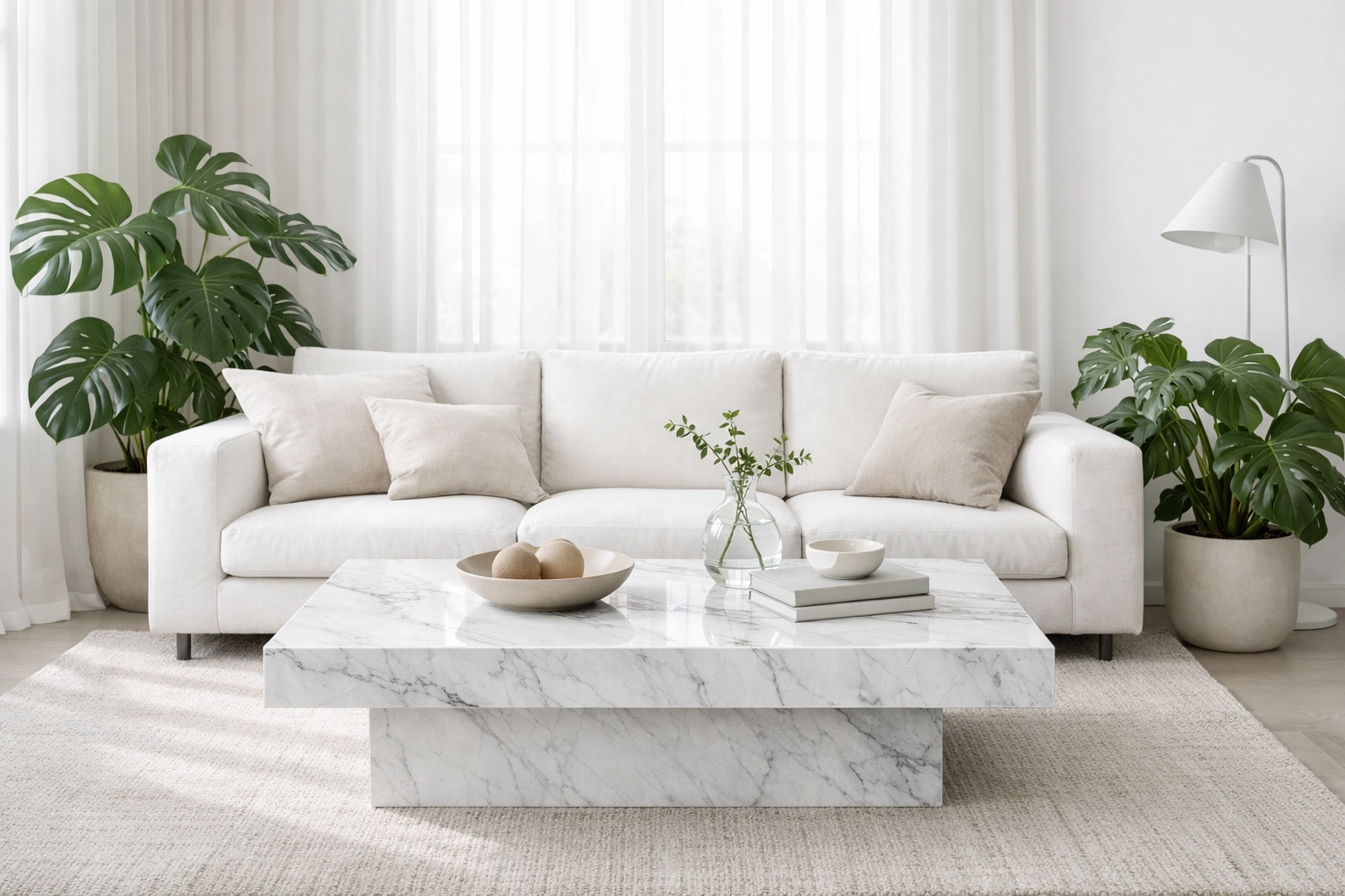 High-performance sanctuary with a soft linen sofa, marble table, and green plants for a regulated space.