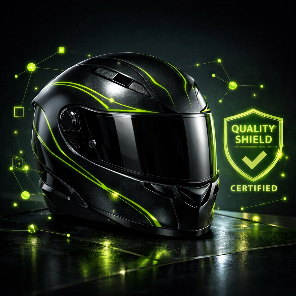 Premium motorcycle helmet and digital data nodes representing the Quality Shield directory for private party bikes.