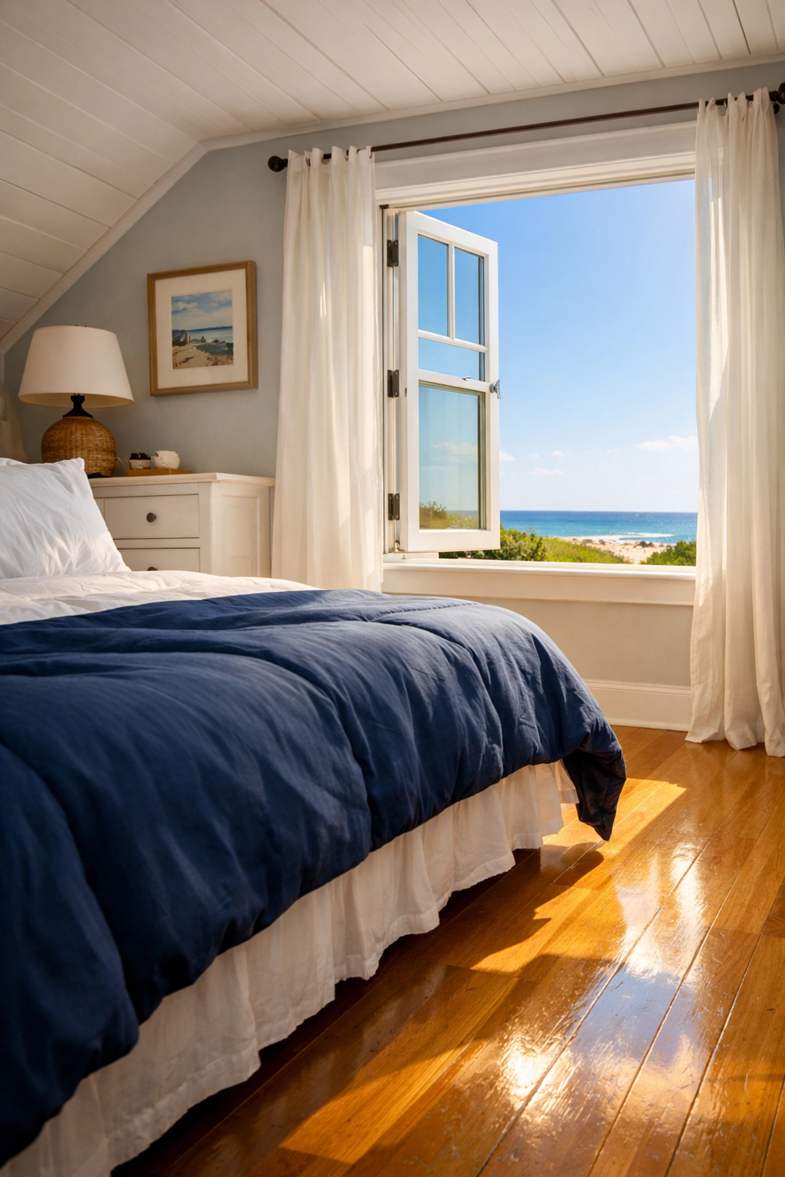 Immaculate sun-drenched Cape Cod bedroom with sparkling clean hardwood floors and a blue duvet.