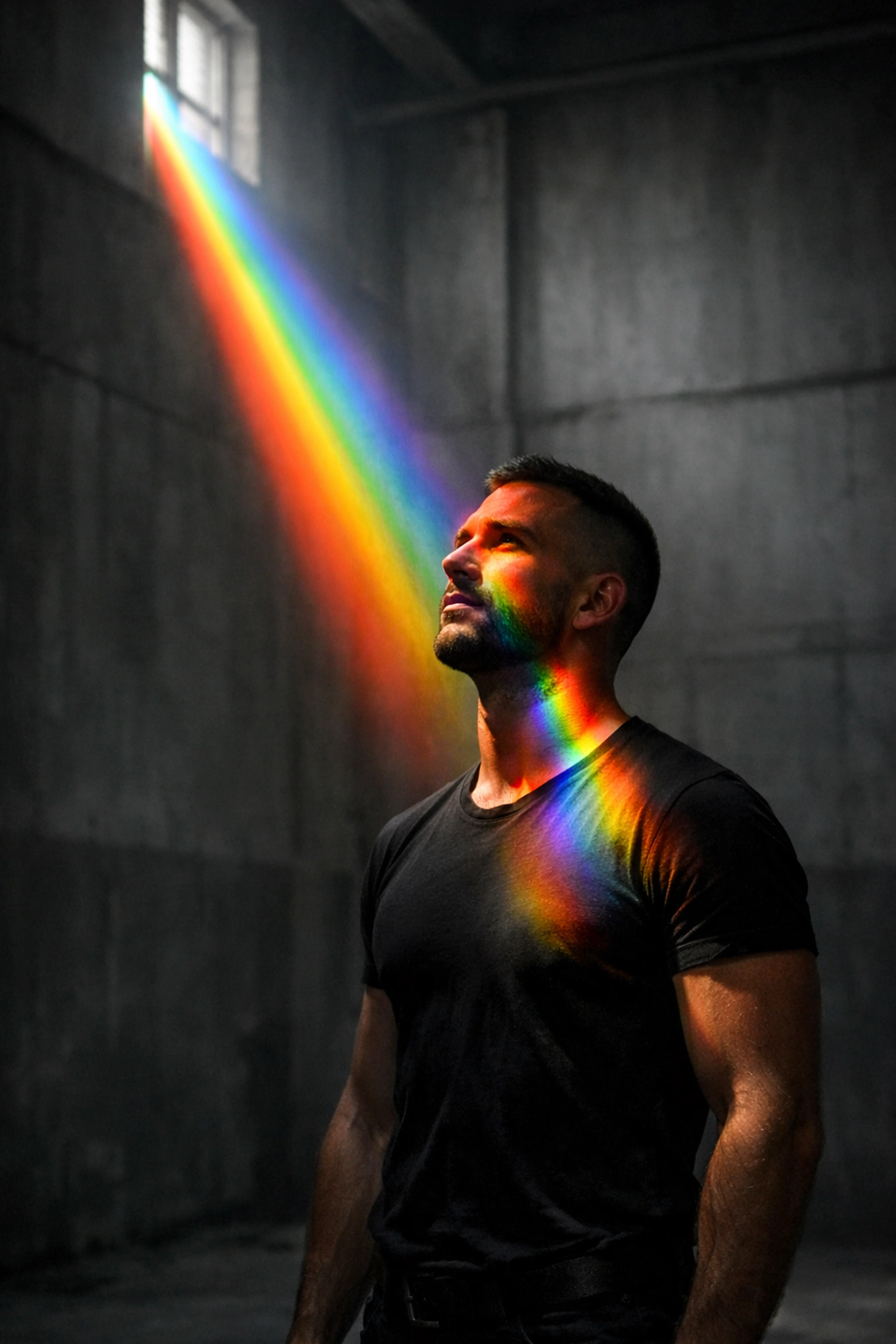 A queer man finds hope in a rainbow light, symbolizing the struggle against HIV stigma and restrictive laws.