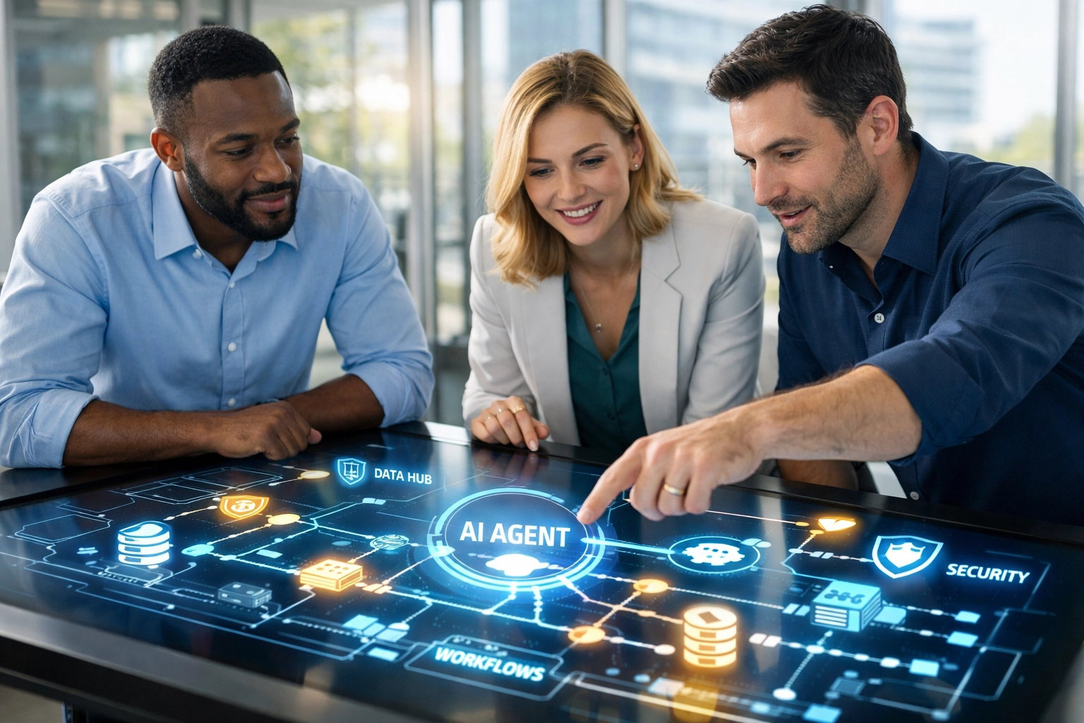 ServiceNow consultants designing an autonomous AI agent framework in a high-tech collaborative workspace.