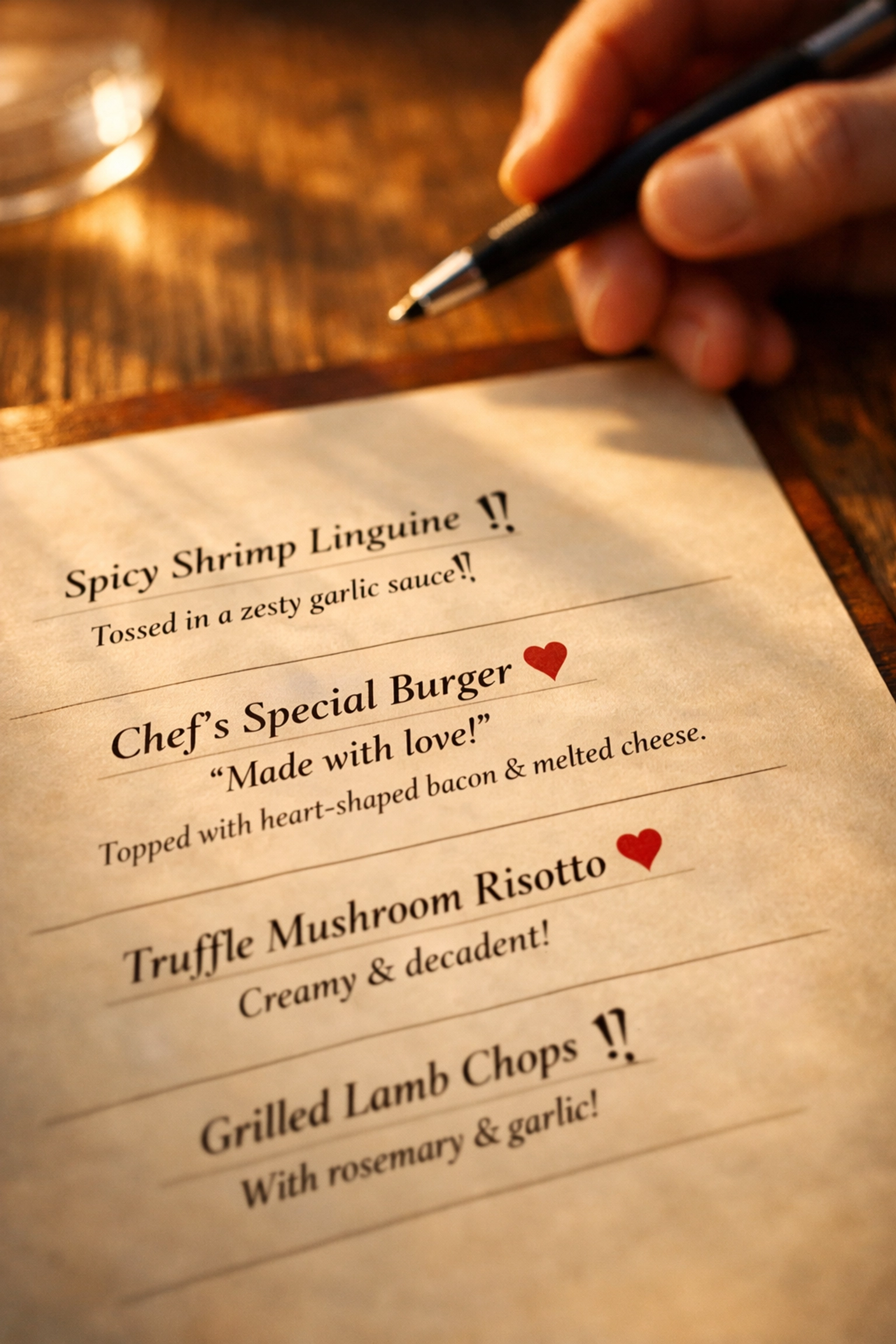Restaurant menu with creative punctuation marks for enhanced brand voice and guest engagement