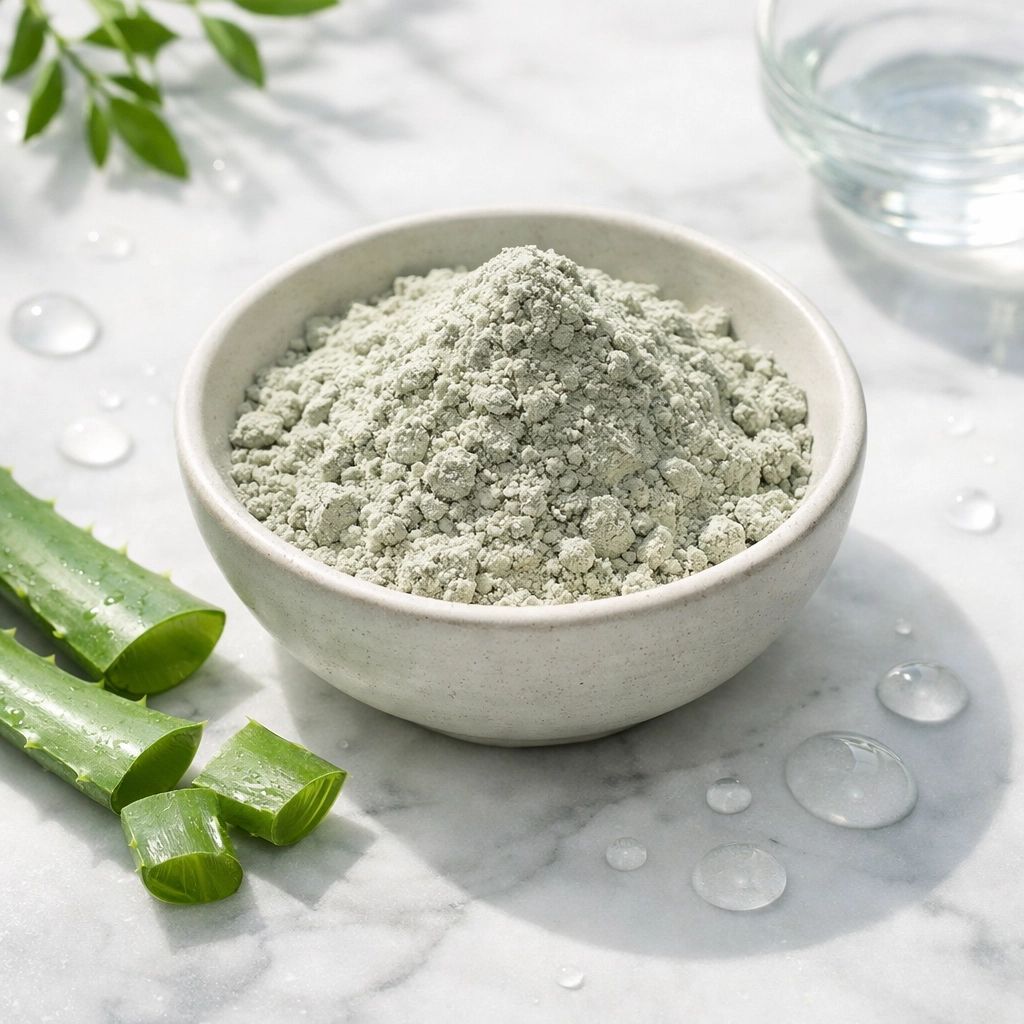Pure bentonite clay powder in bowl with aloe vera for natural burn healing