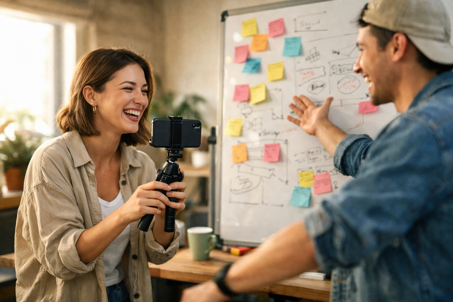 Team members filming authentic behind-the-scenes social media content in a creative studio.