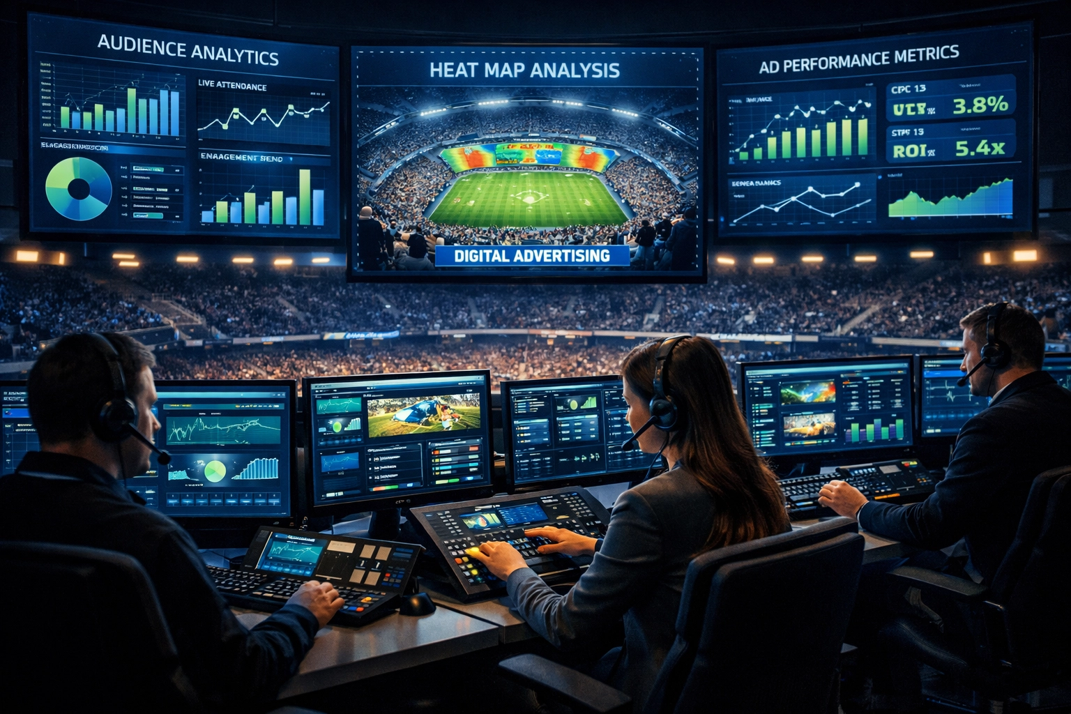 Advertising analytics control room monitoring venue campaign performance and audience metrics