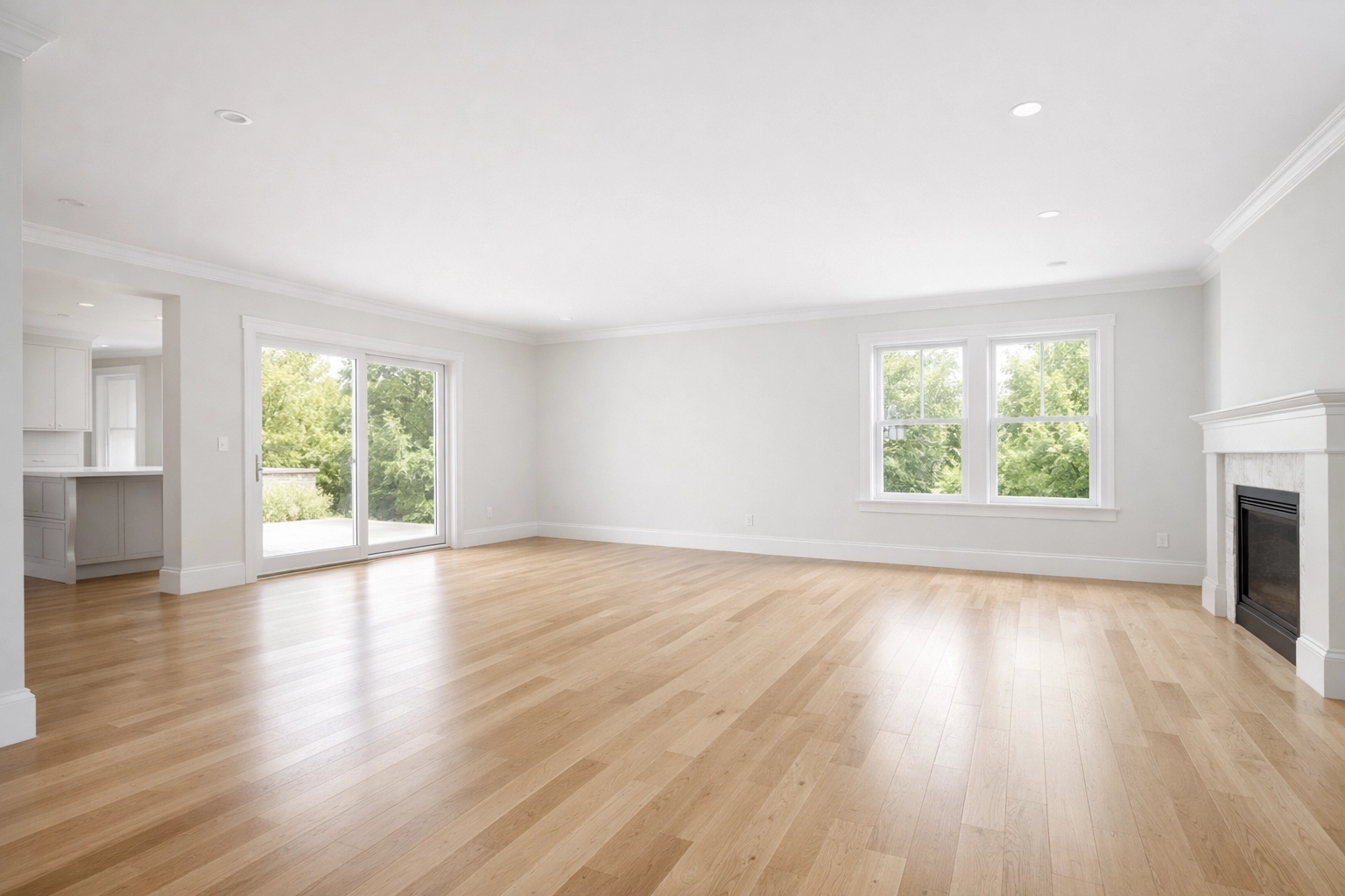 Empty modern living room with hardwood floors and natural light, showing a new home's potential.
