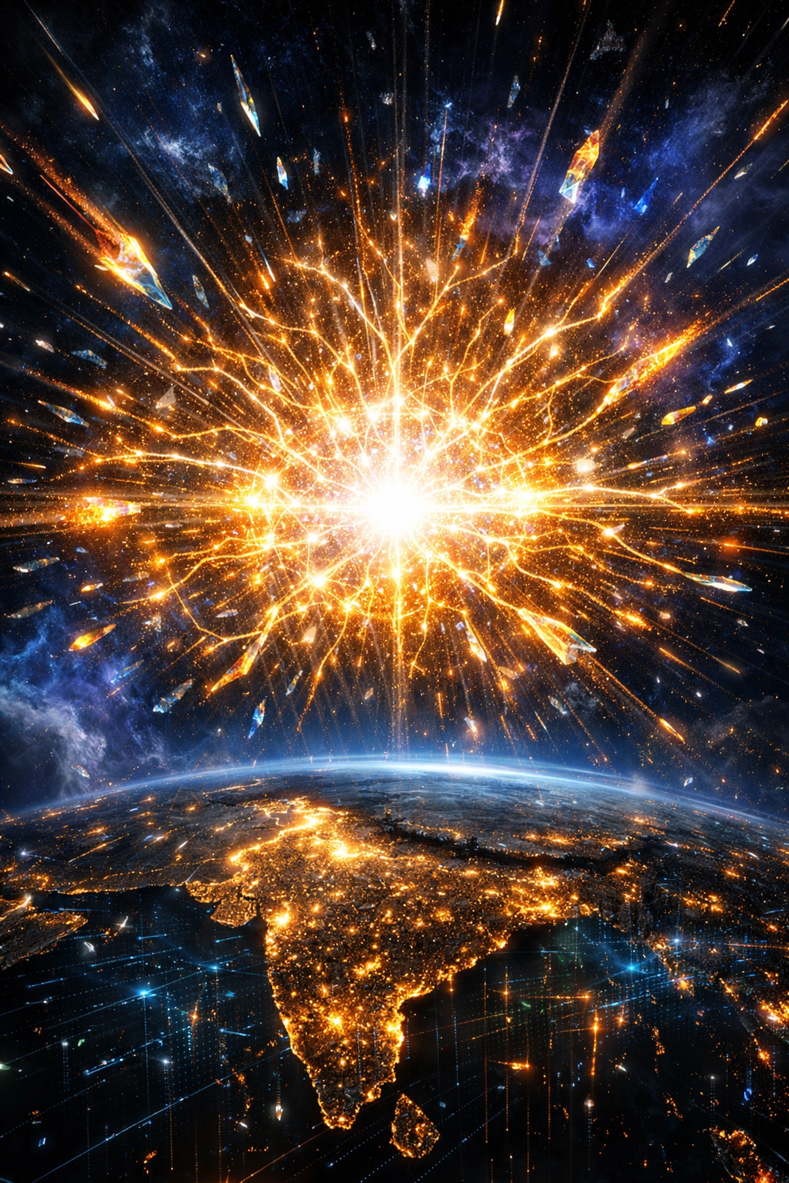 Digital network supernova representing AI as a catalyst for global economic shifts.