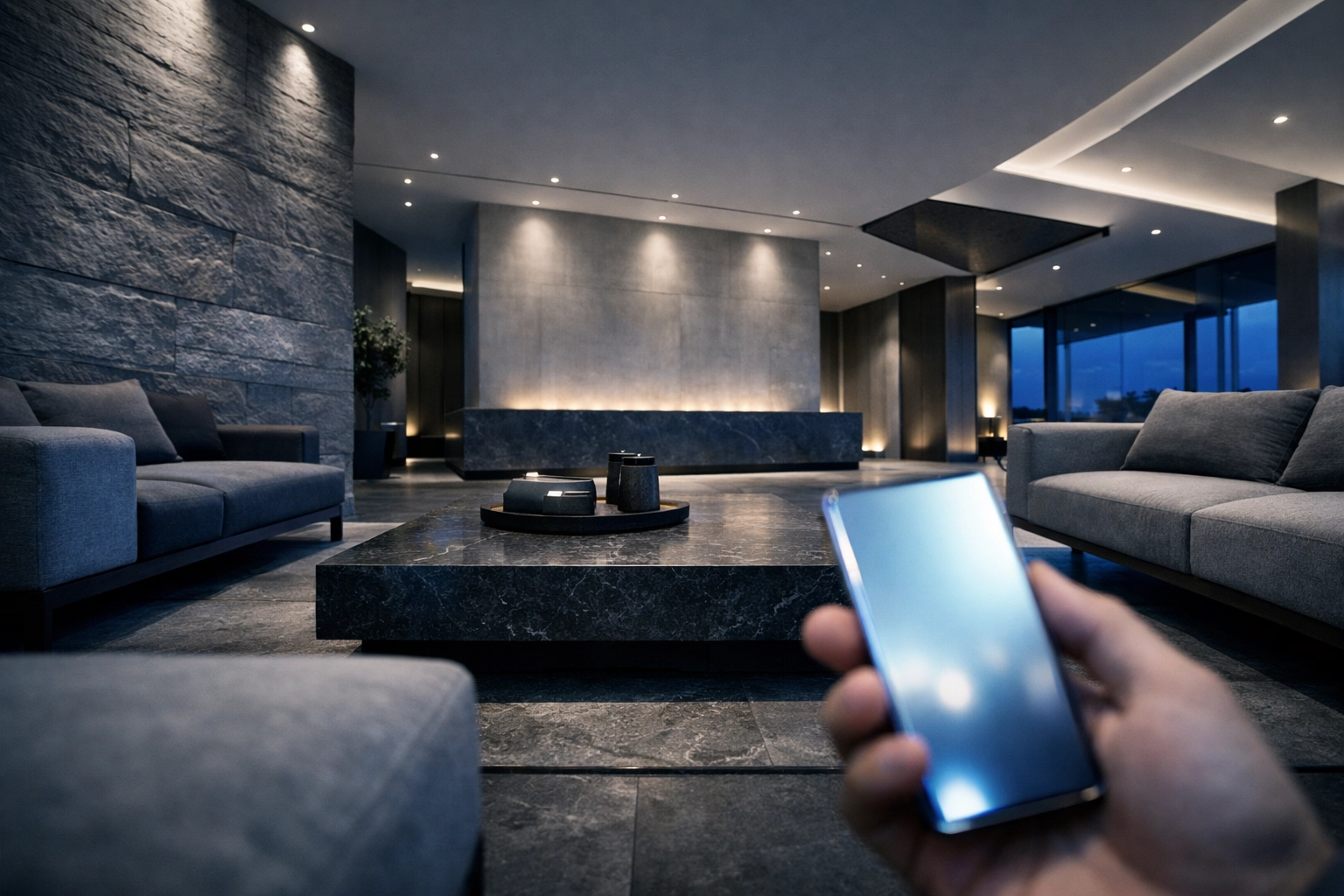 Person using a smartphone in a futuristic minimalist hotel lobby highlighting digital-first hospitality.