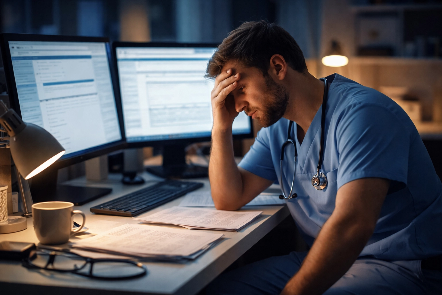 Frustrated clinician overwhelmed by computer screens and paperwork from medical documentation rework and compliance burdens.