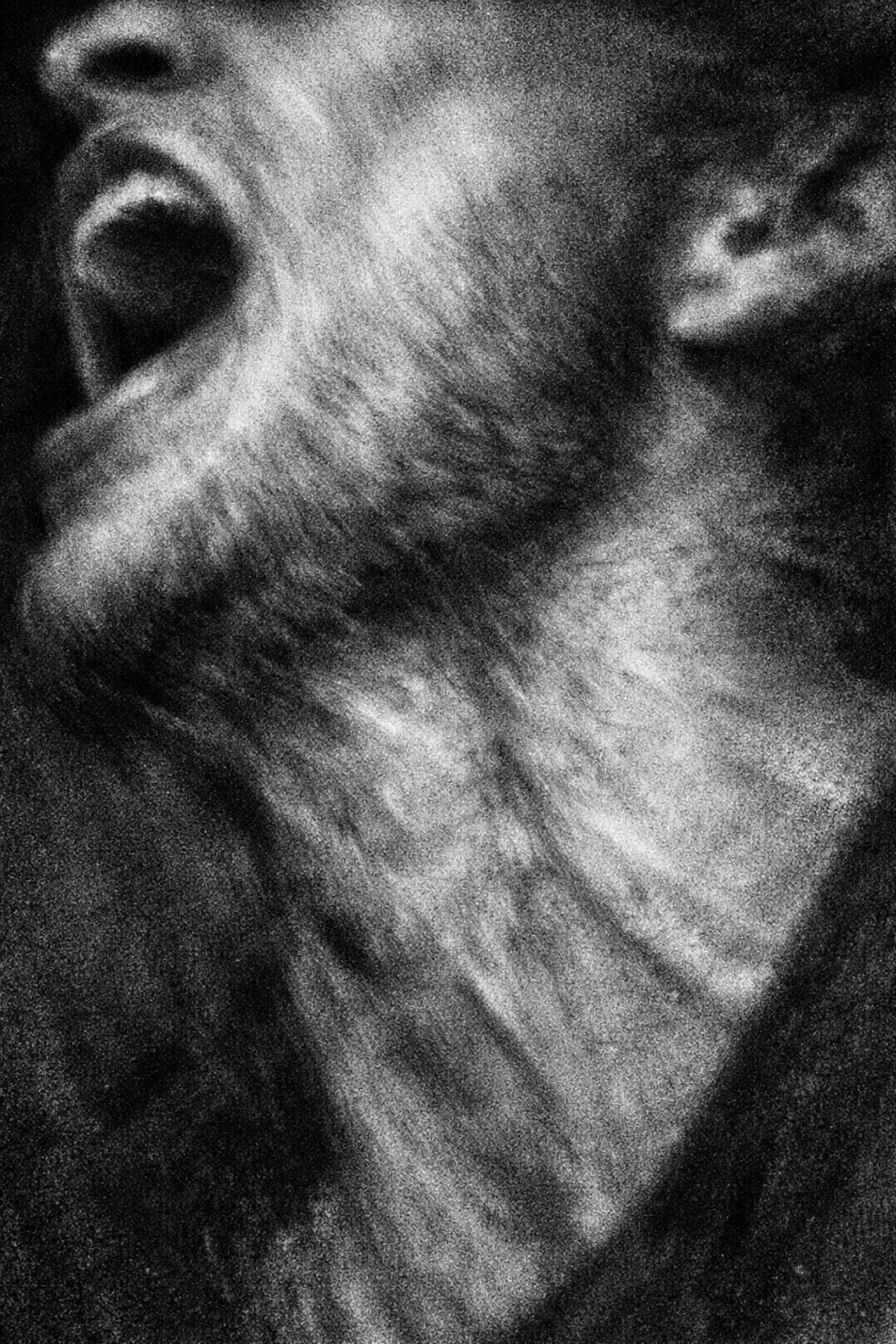 Black and white silhouette of a vocalizing human throat highlighting the power of sonic humanist stories.