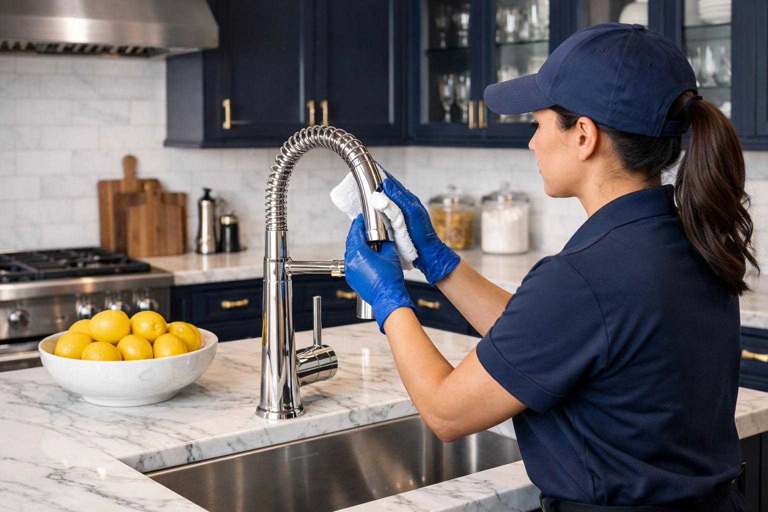 Professional cleaner polishing a faucet in a spotless Ashland kitchen for weekly house cleaning.