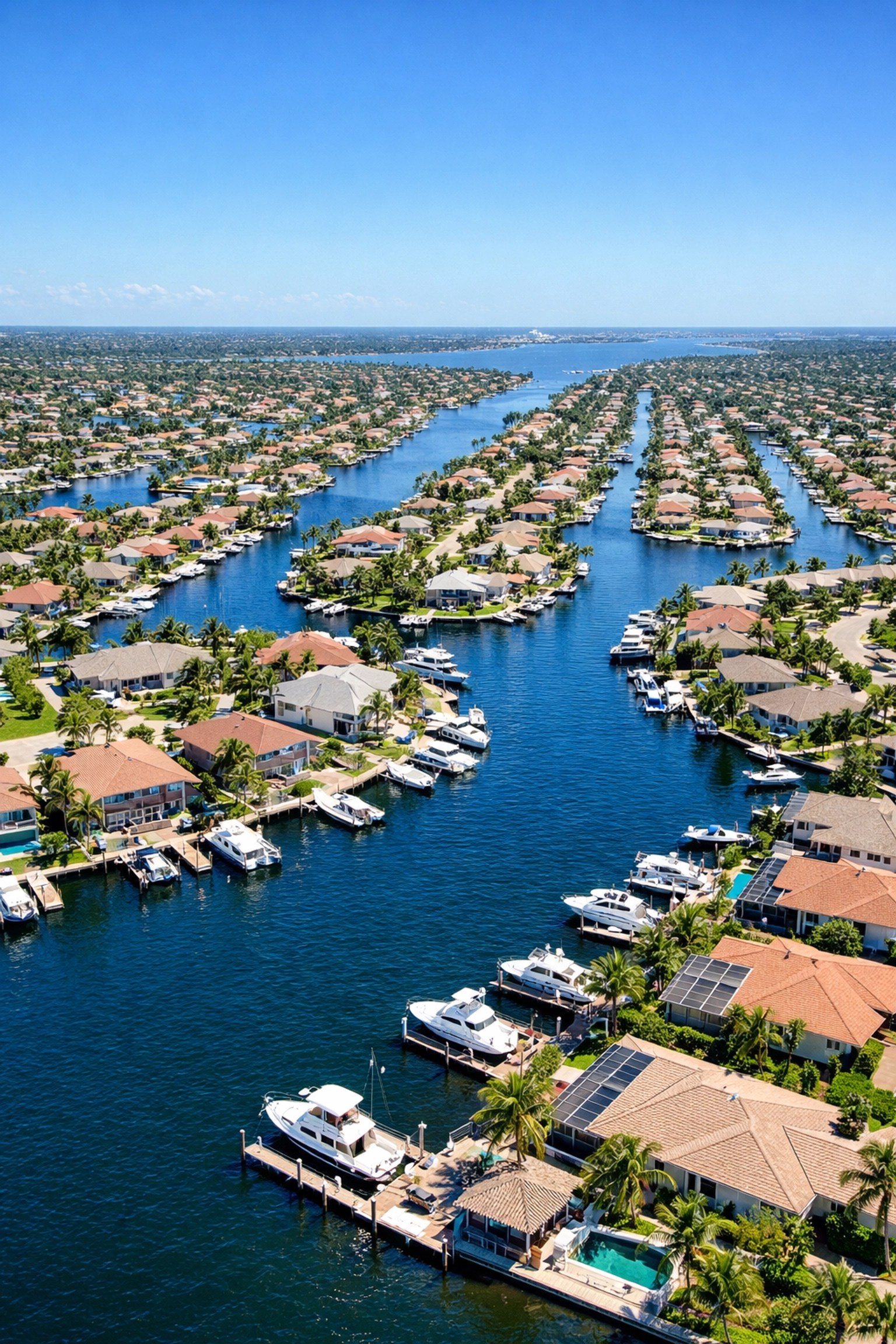 Aerial view of Cape Coral canals and residential waterfront homes showing the city's unique geography.