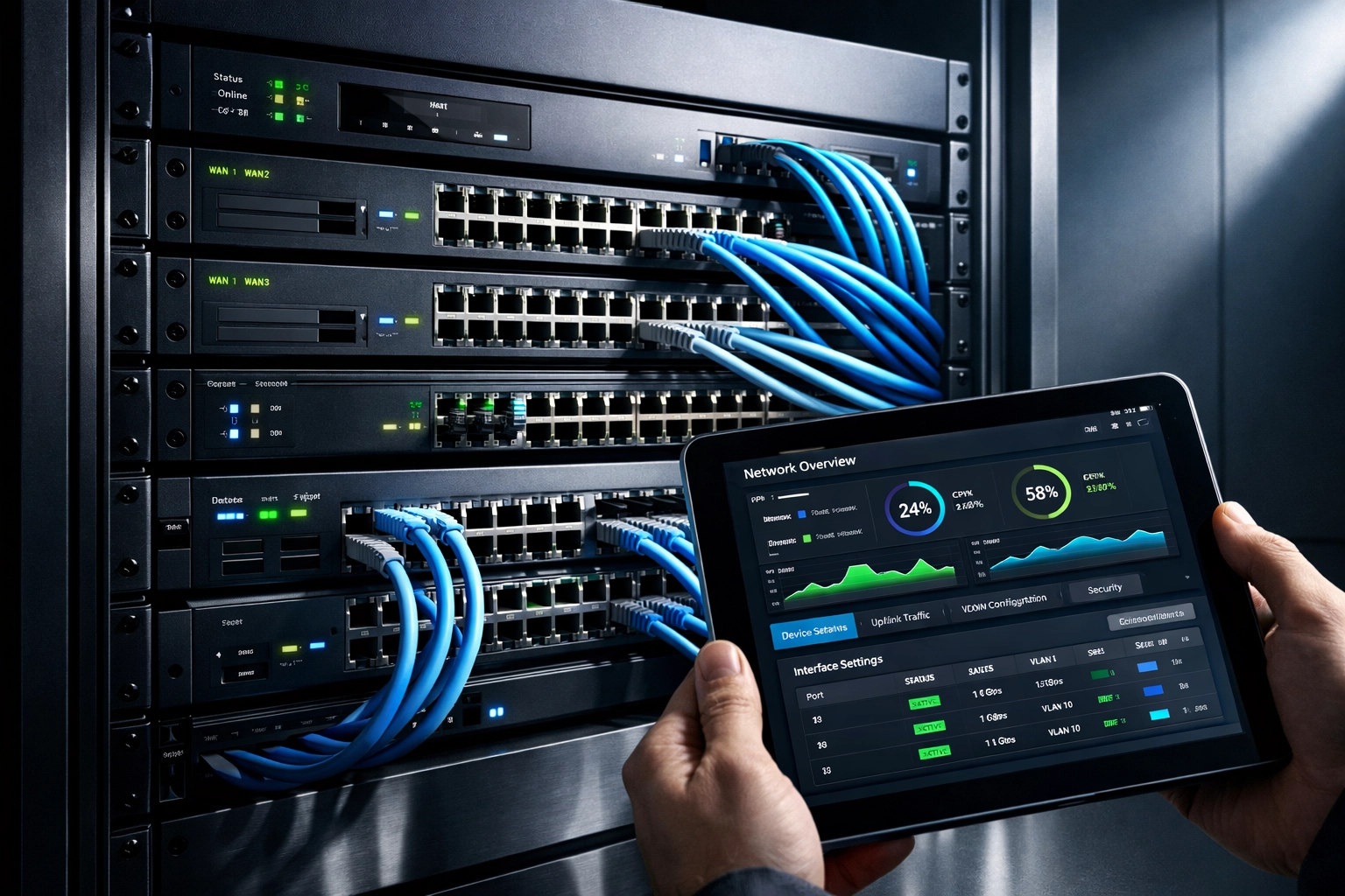 Pre-configured network rack with organized cabling ready for IT field technician deployment