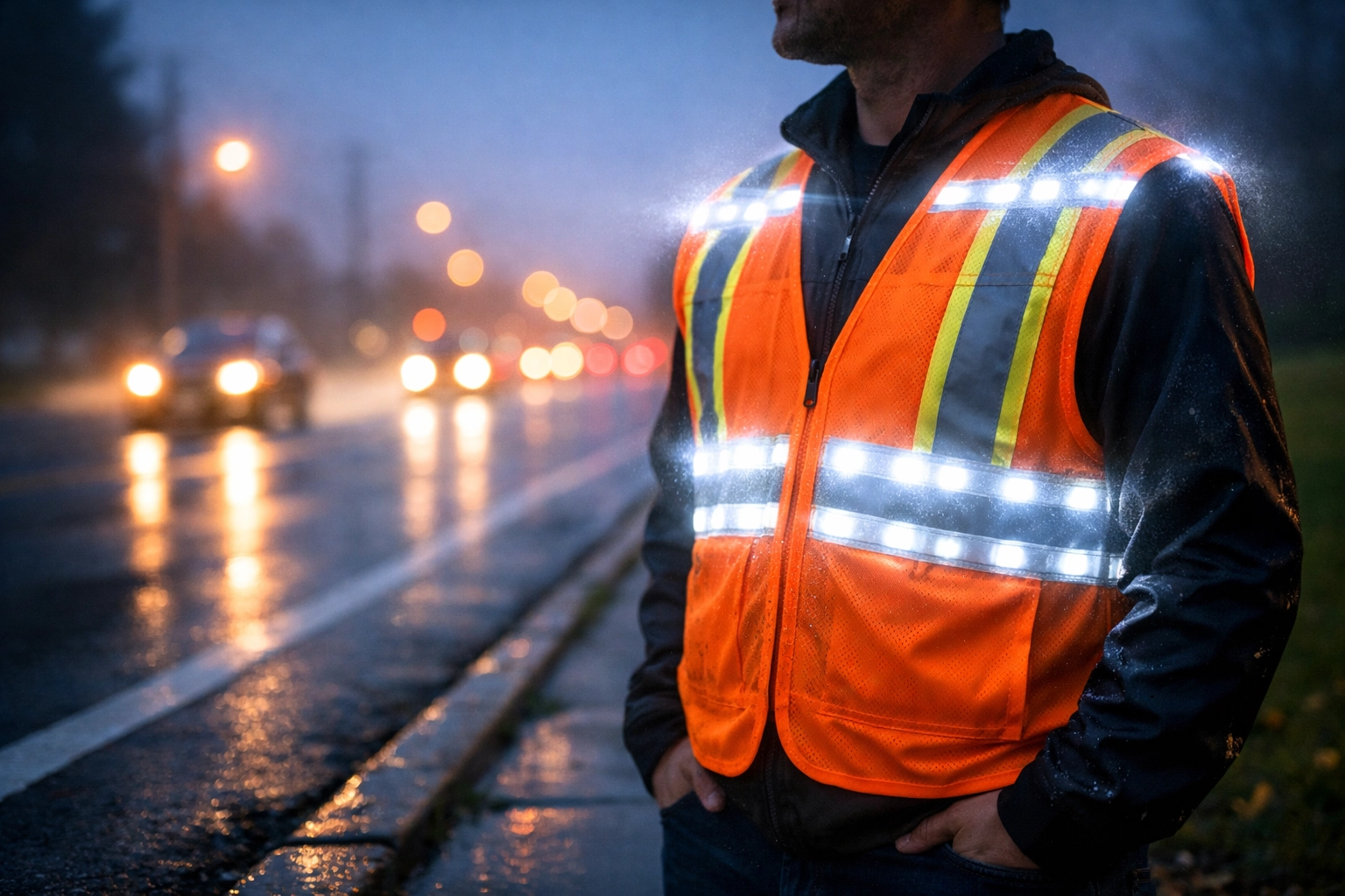 Person wearing a high-visibility orange LED safety vest with white lights on a foggy Oakland County road at night.