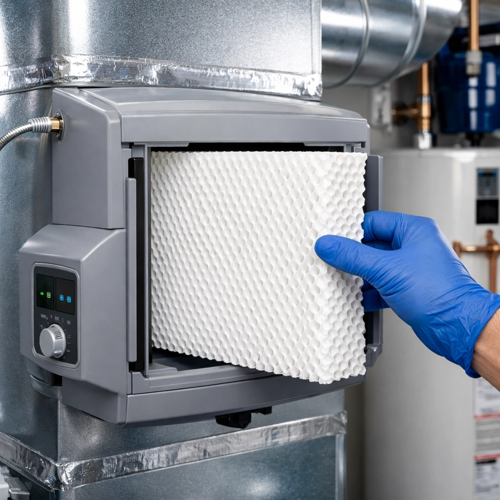 A professional technician replacing a white filter pad in a whole-house humidifier system.