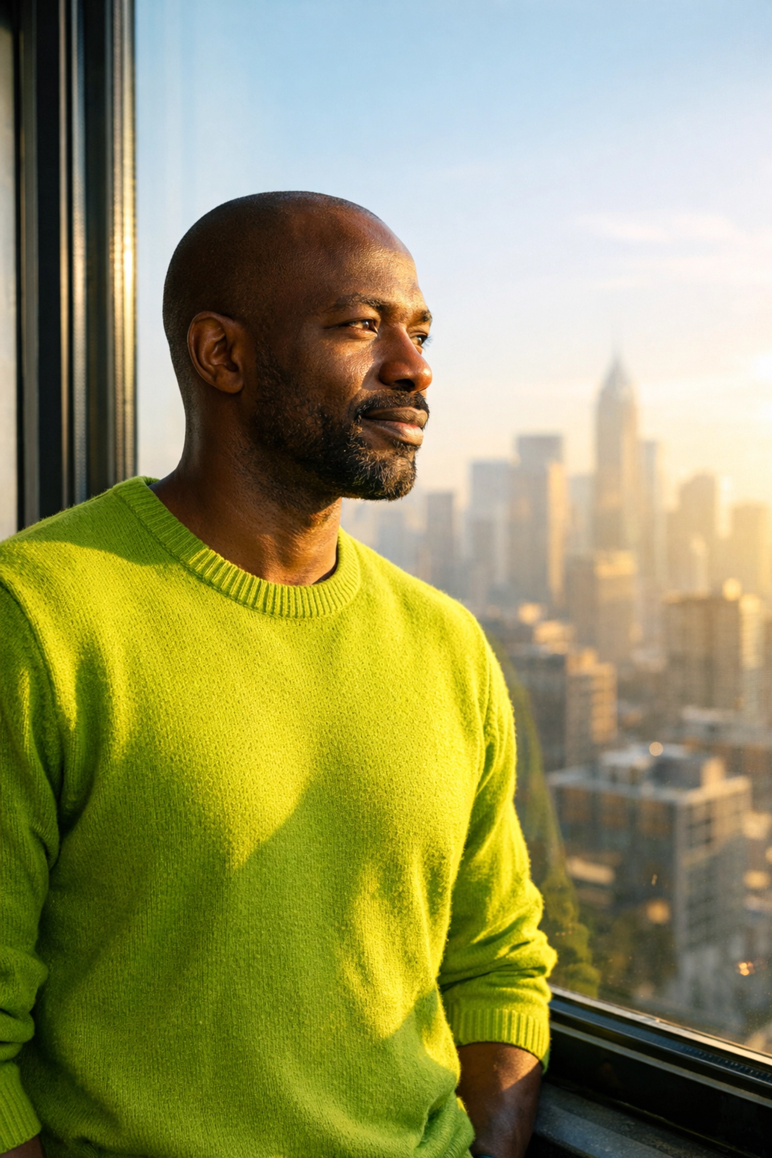 Resilient African immigrant man reflecting on his journey to mental wellness in a new home.