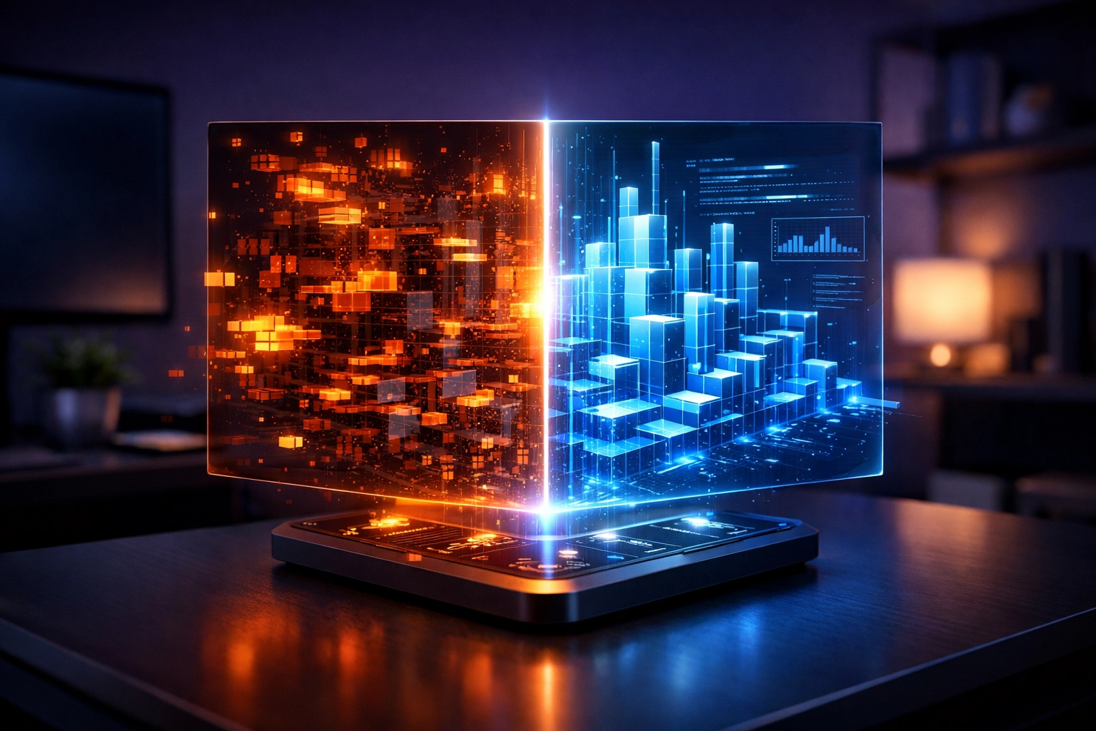 Digital interface transforming glitchy data into structured Zoho Deluge scripting blocks.