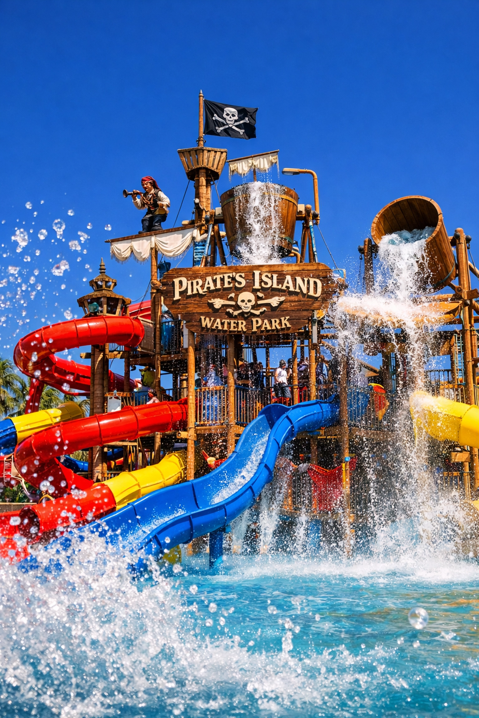 Family-friendly Pirate's Island Water Park with slides at Barceló Bávaro Grand Resort, Punta Cana.