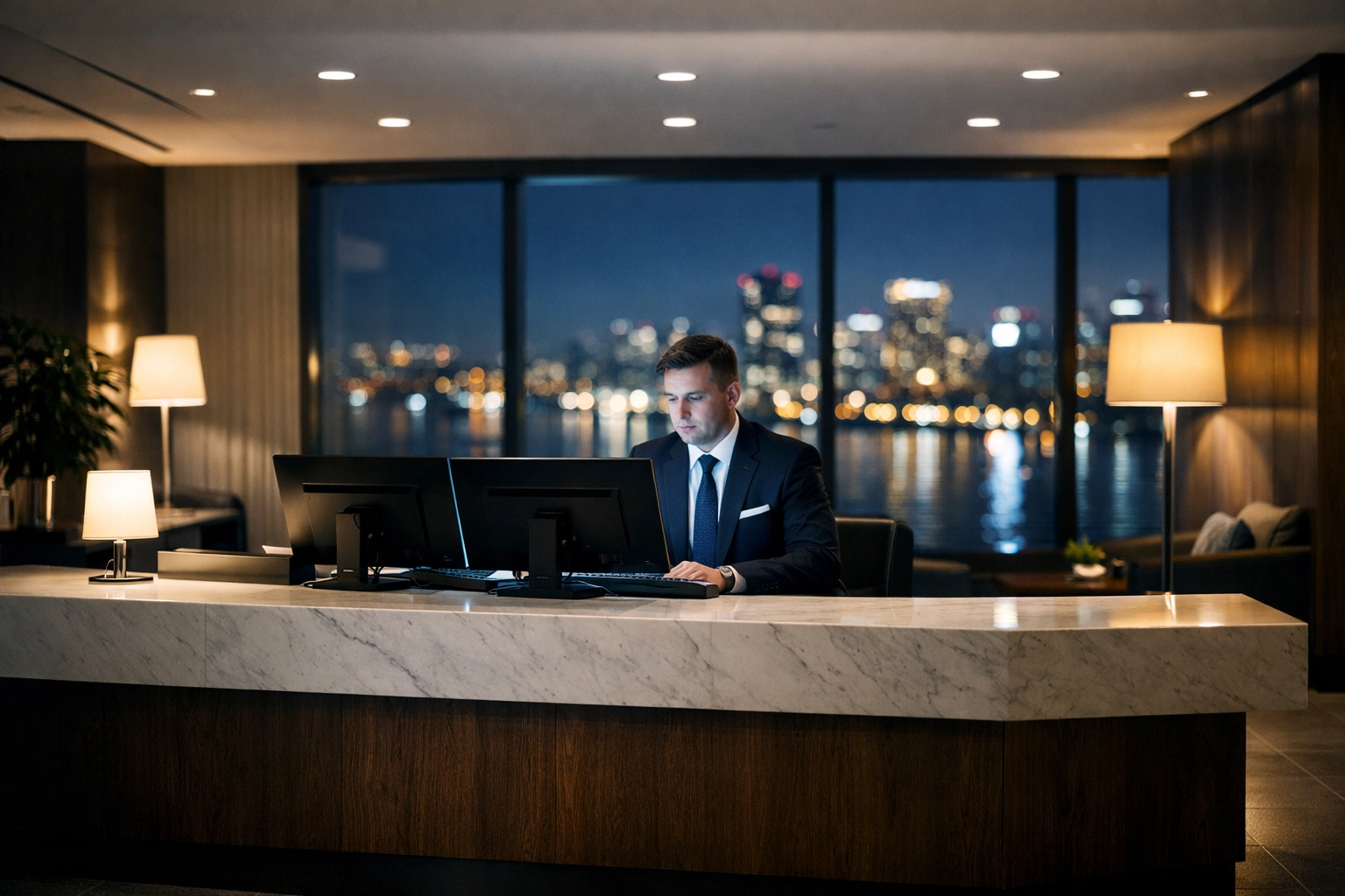 A professional night auditor managing hotel financial reports and operations at a modern reception desk.