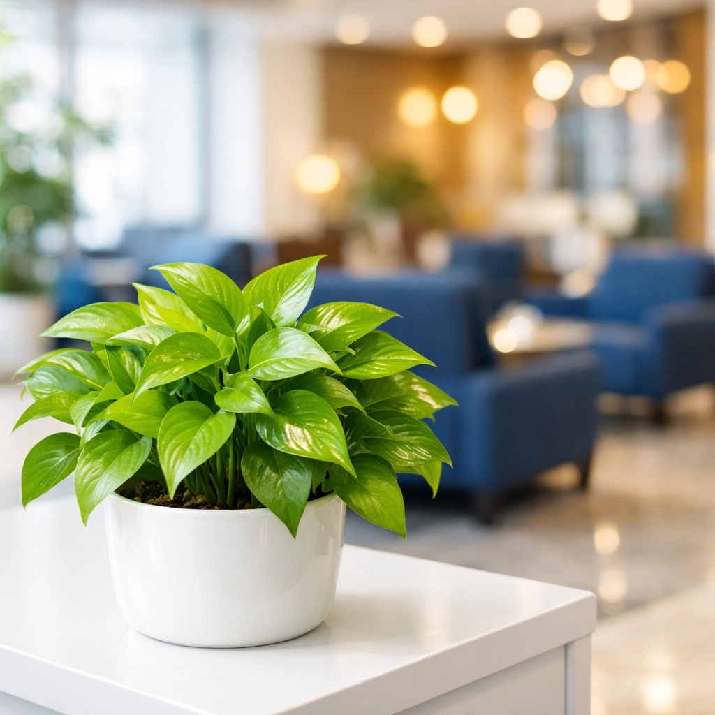 Dust-free office table and plant demonstrating eco-friendly office cleaning Milford for improved indoor air quality.
