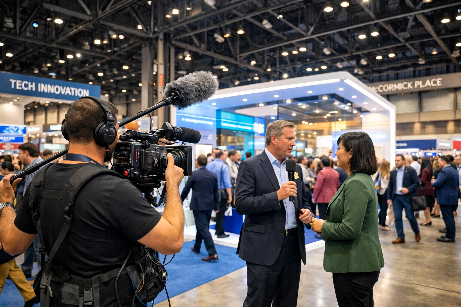 Event videography team filming attendee interviews on a busy trade show floor at McCormick Place Chicago.