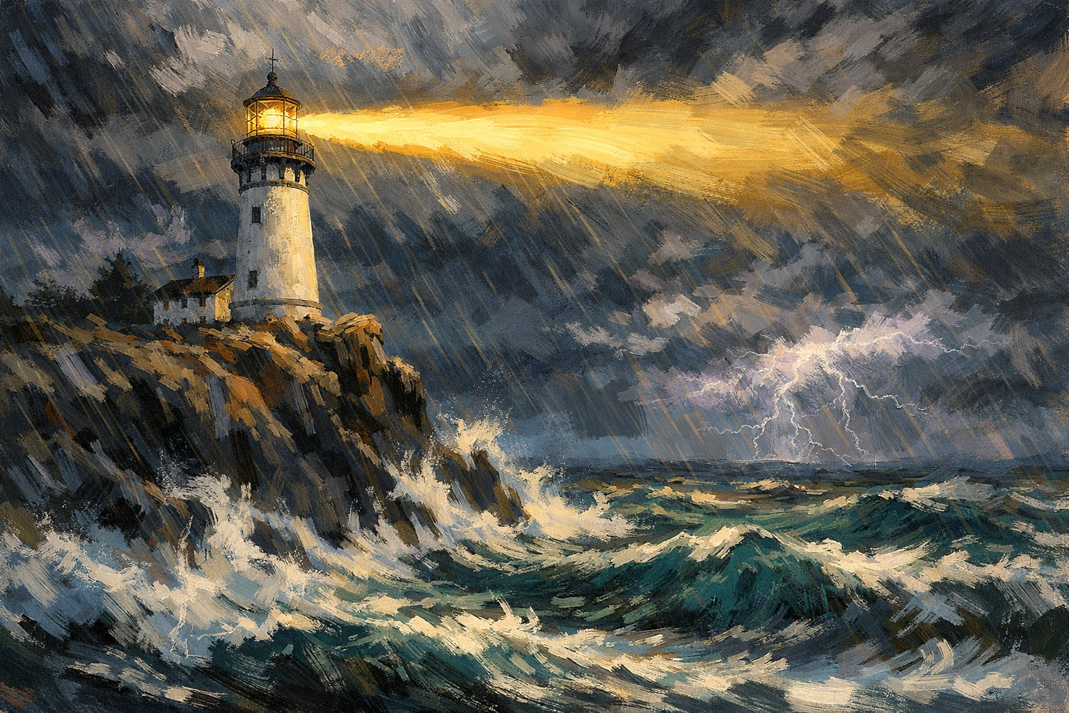 A sturdy lighthouse shining through a stormy sea, symbolizing a spirit anchored in Christ during chaos.