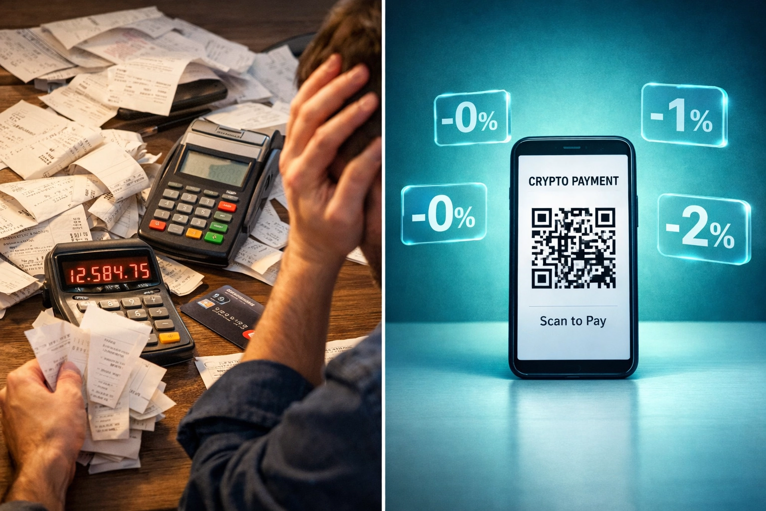 Traditional payment processing vs crypto QR code payments comparison showing fee savings