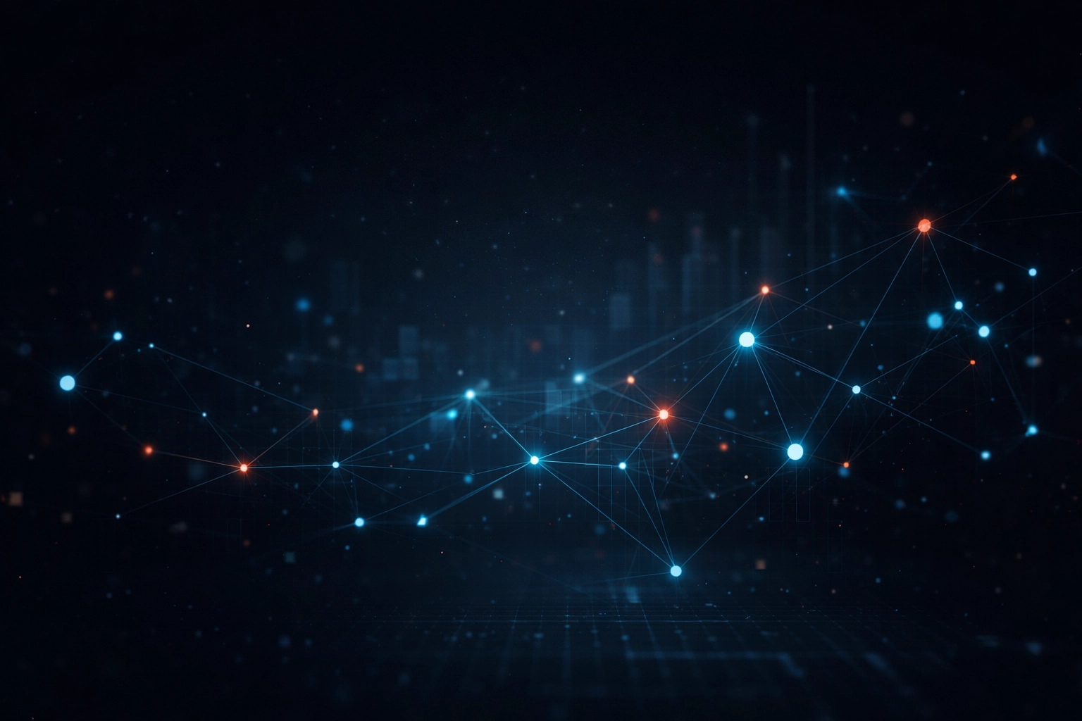 Abstract cybersecurity network with glowing digital nodes and connected lines on a dark background, representing AI governance and risk management.