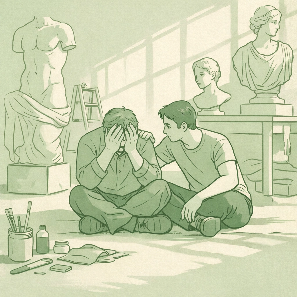 Two men in Florence workshop showing emotional support during recovery journey - gay romance story