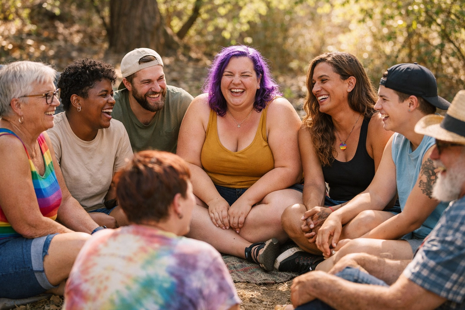 Diverse LGBTQ+ community members connecting outdoors in equality and friendship