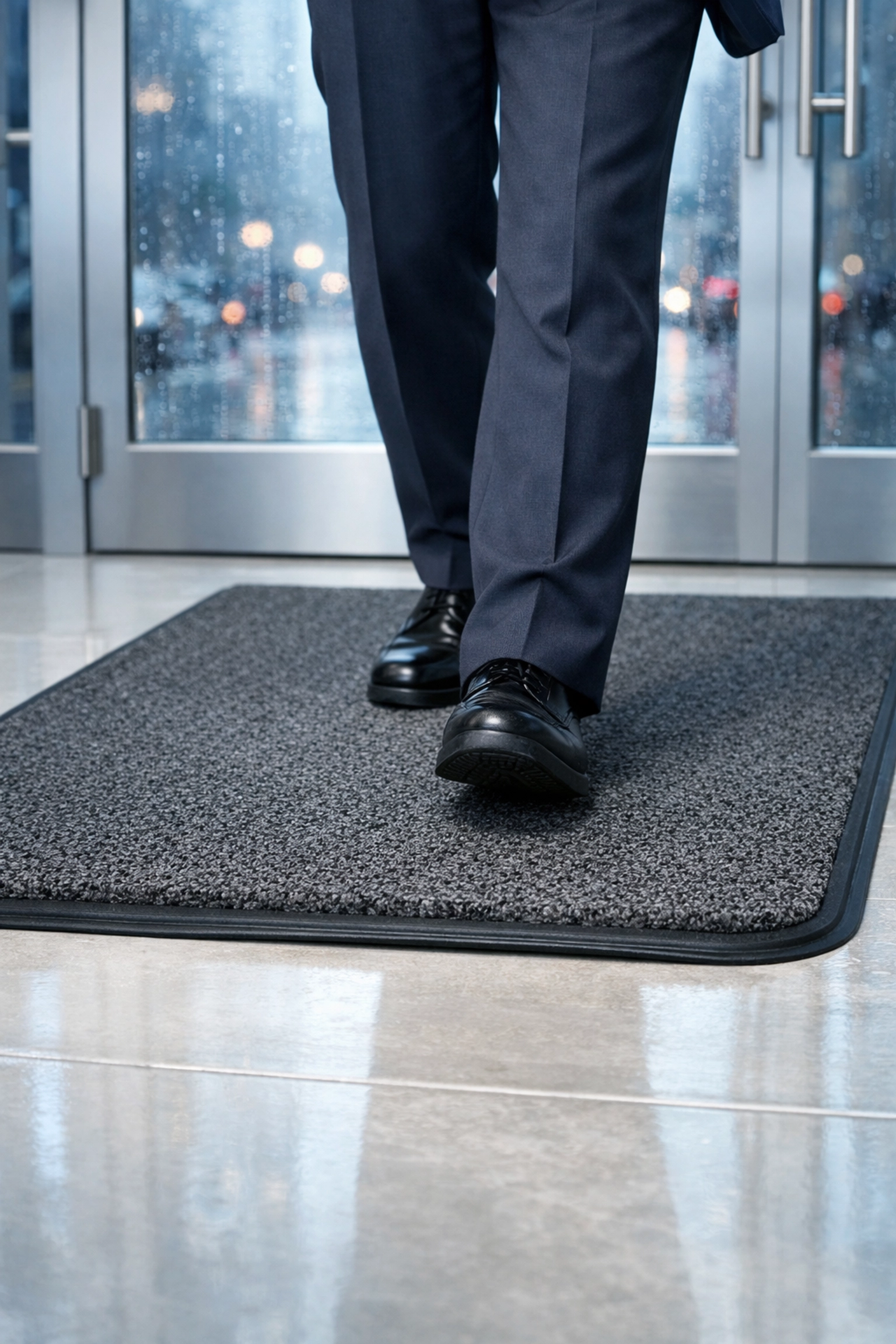 Professional stepping onto a thick entrance mat in a clean office lobby during wet weather.