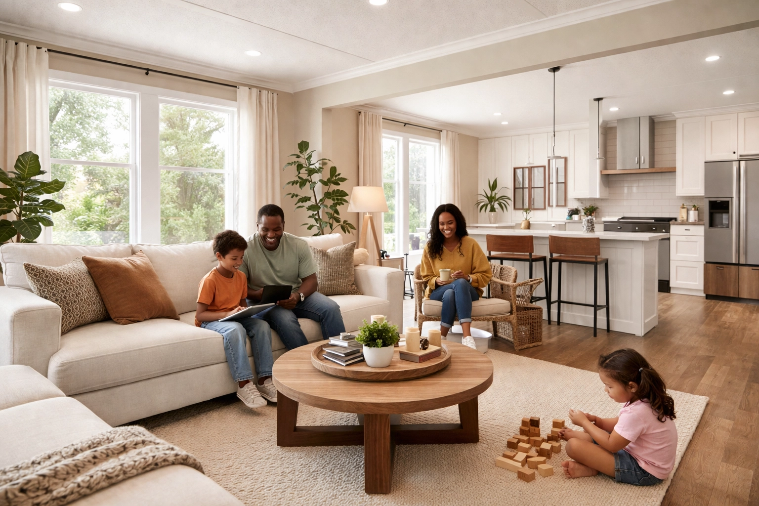 Family relaxing in a modern manufactured home living room with open floor plan