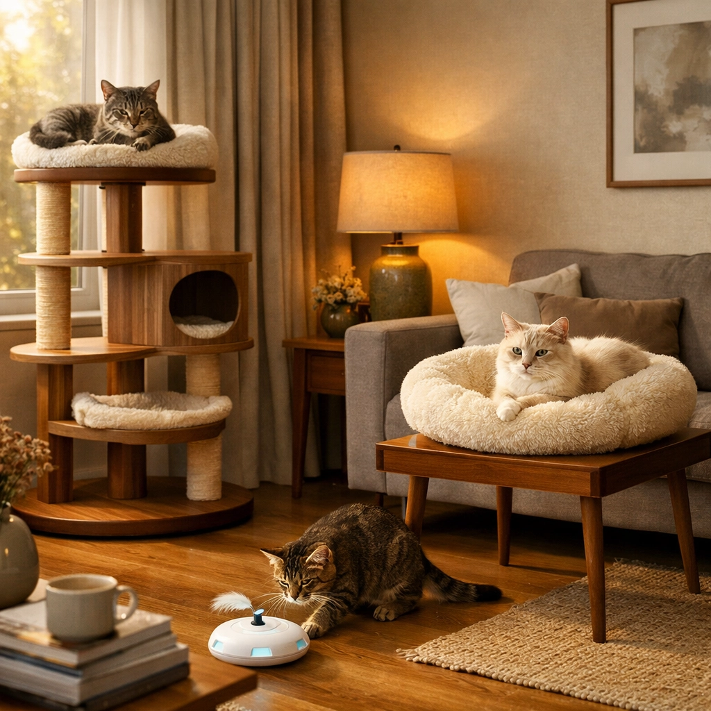 Premium cat furniture and designer cat tree integrated into modern luxury living room