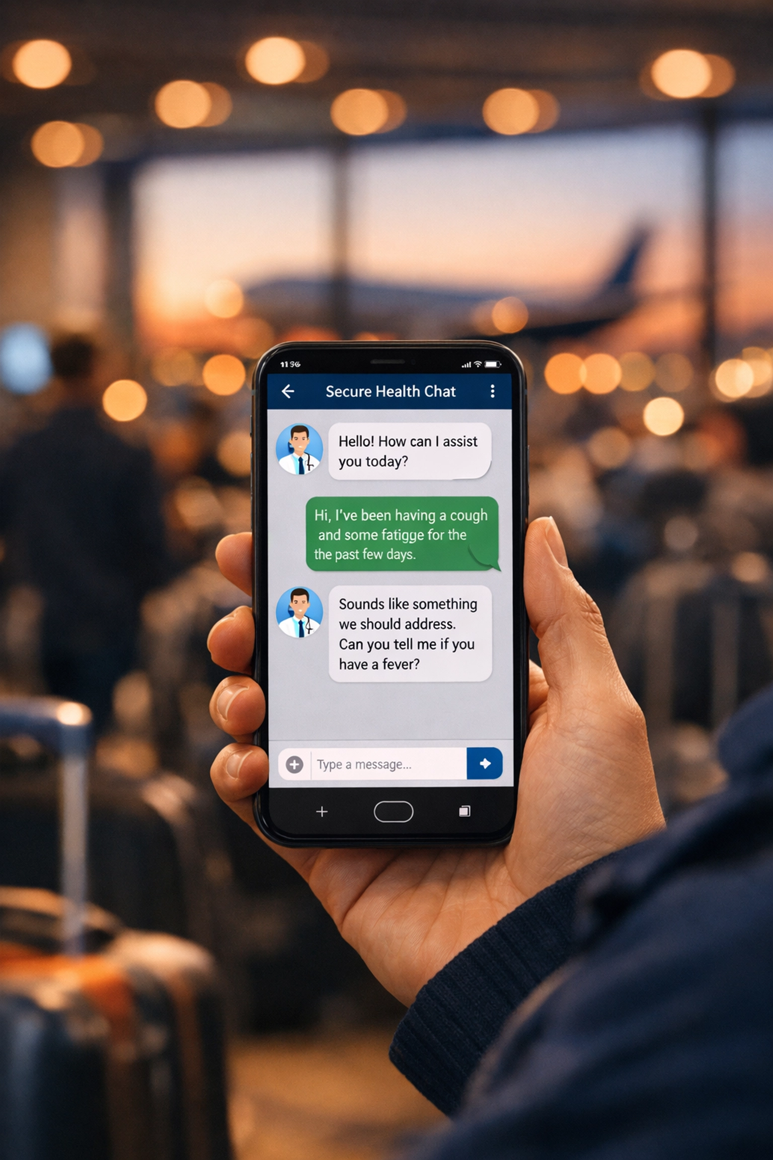 A traveler in an airport using their smartphone for 24/7 online urgent care via secure medical messaging.