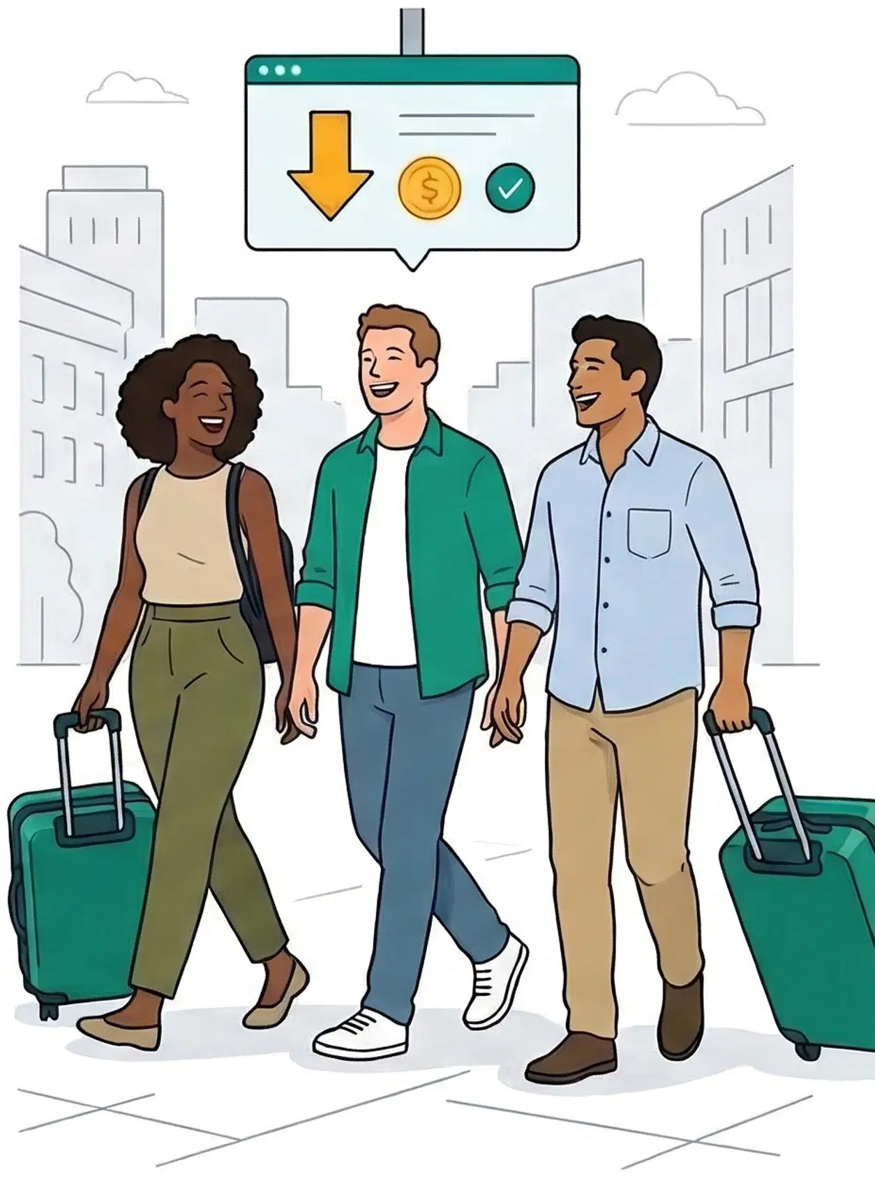 Three cheerful travelers walk through a city with luggage, representing instant savings