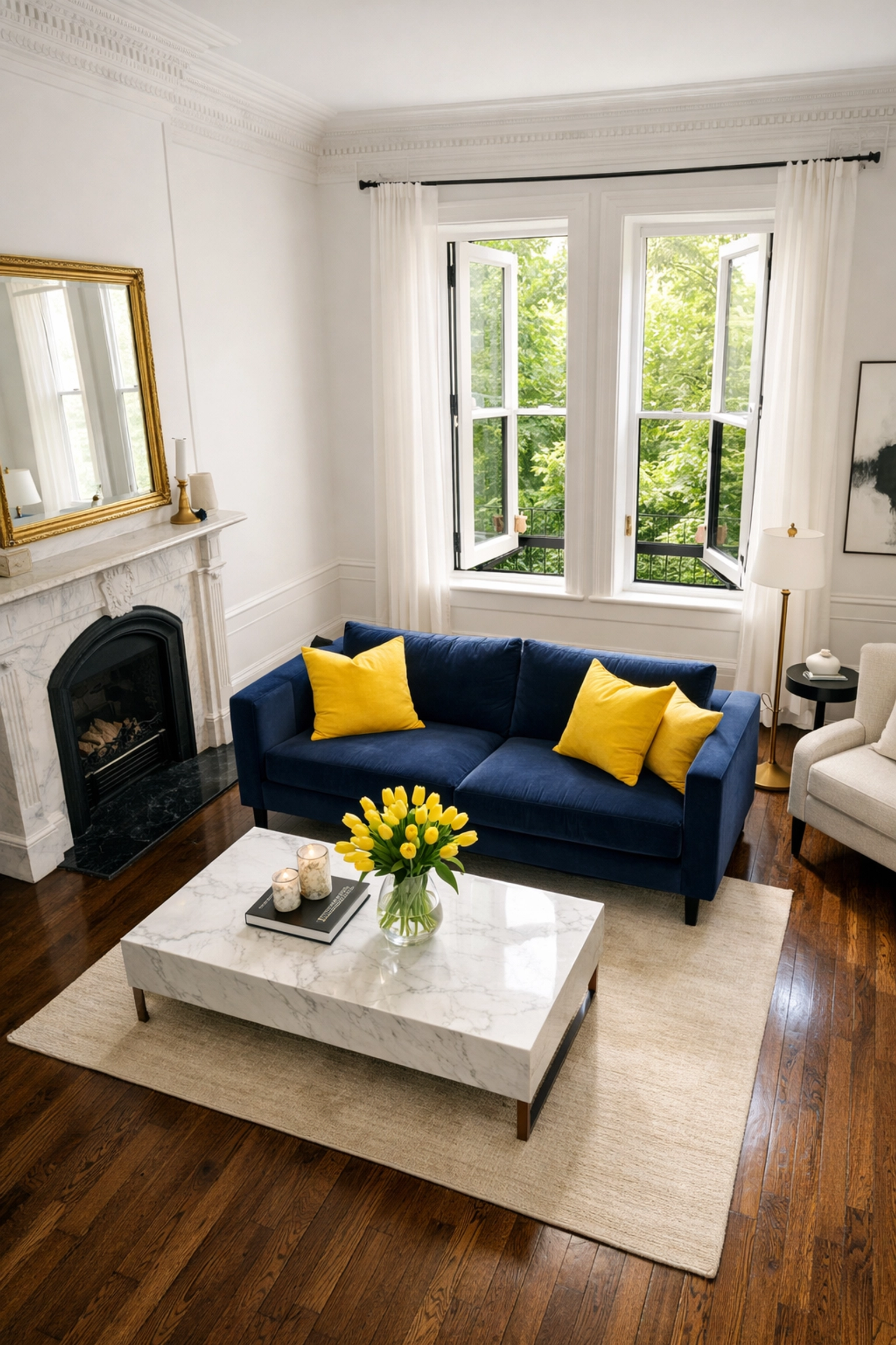 Sun-drenched Cambridge brownstone living room illustrating clean air from eco-friendly house cleaning in Cambridge MA.