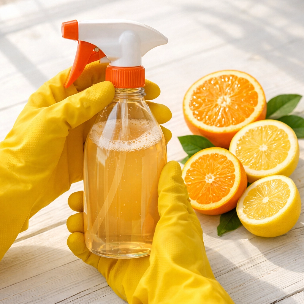 Hands holding citrus cleaner spray bottle with fresh oranges and lemons on counter