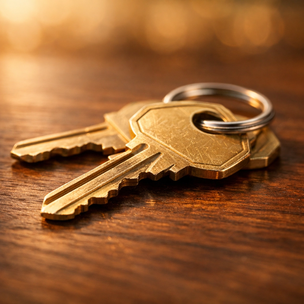 House keys on a wooden table, representing peace of mind when we buy houses in Nashville for cash.