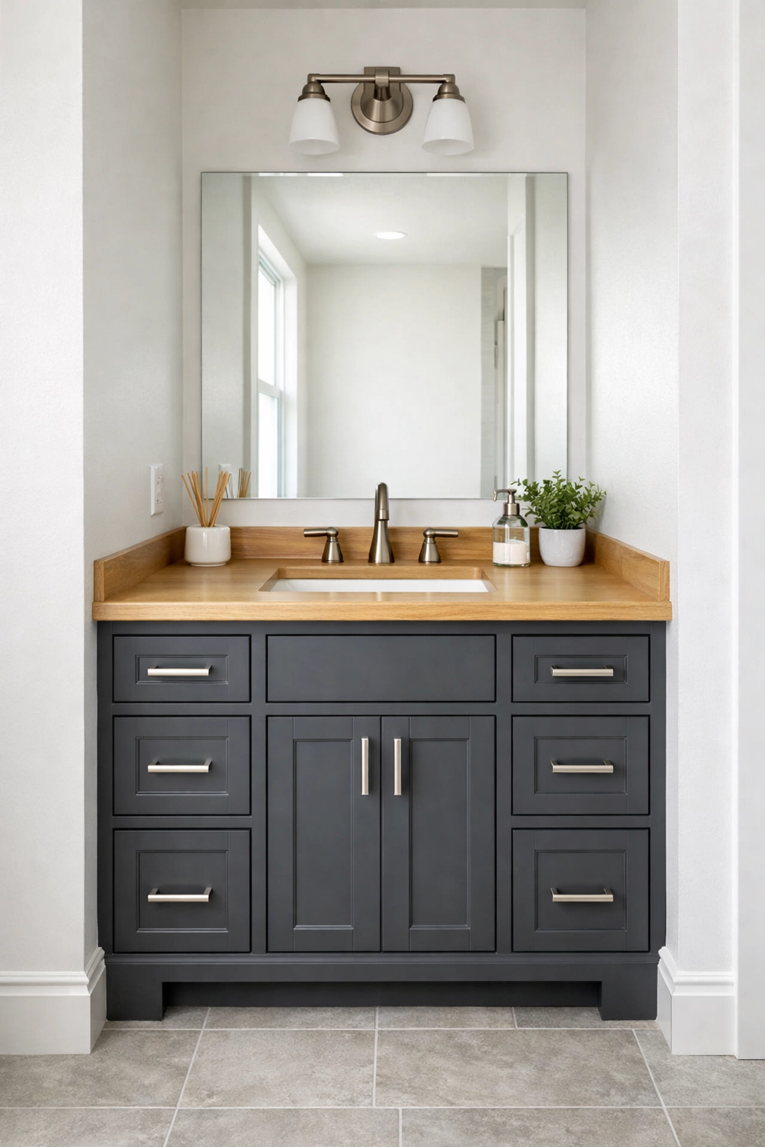Charcoal grey custom-fitted bathroom vanity designed for a narrow alcove in a Minnesota home renovation.