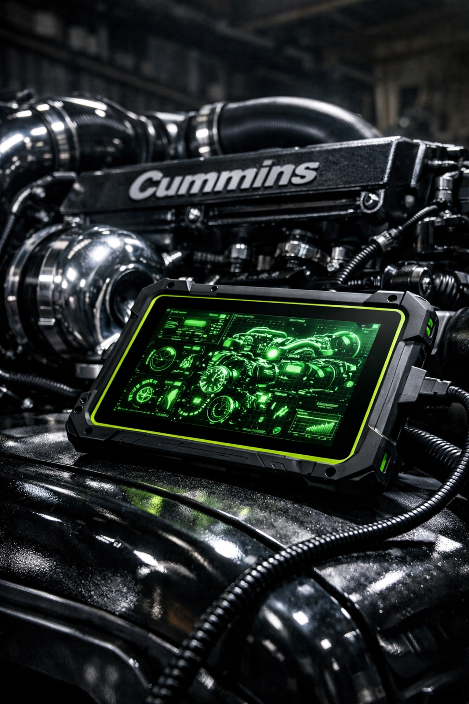 Professional diagnostic tablet displaying real-time Cummins engine performance data in a shop.