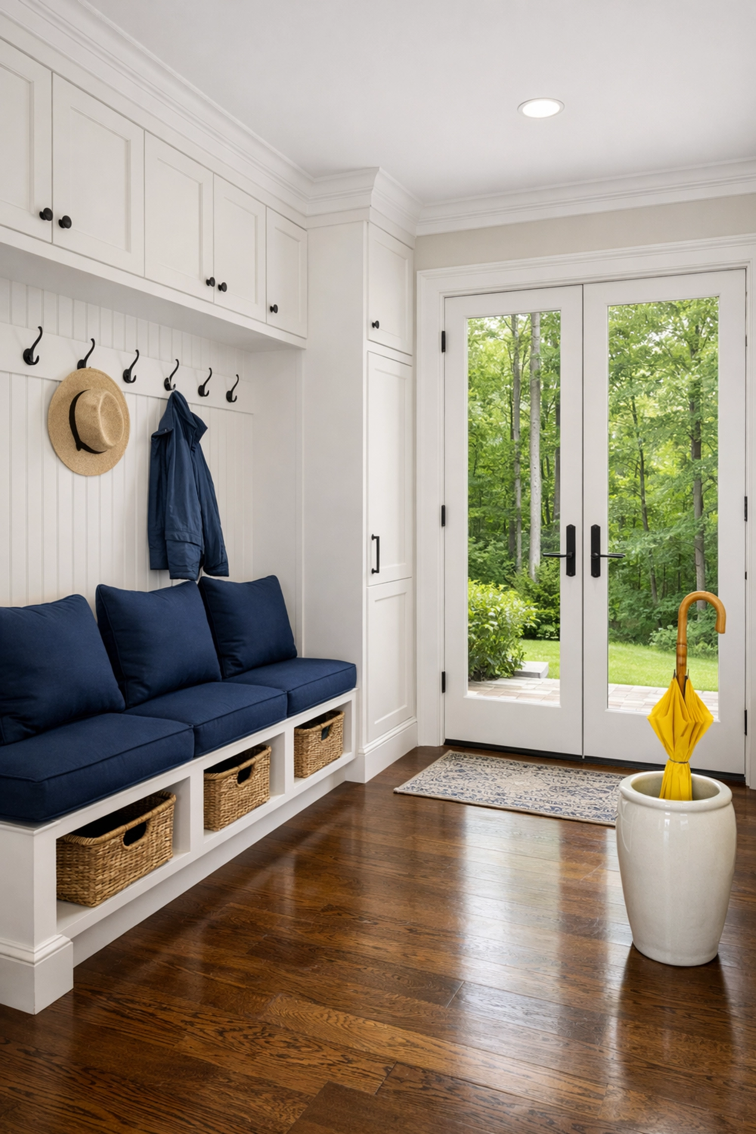 Pristine luxury mudroom in Lincoln MA with polished hardwood floors and organized white cabinetry.