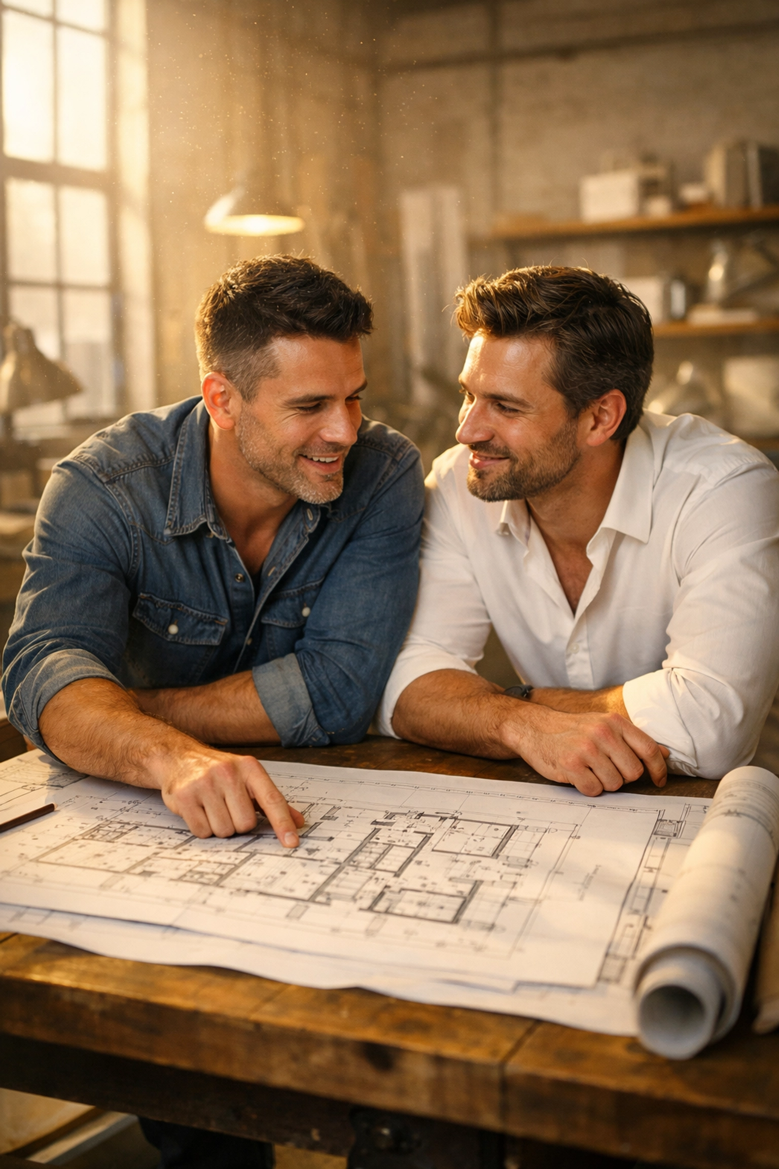 Two gay business partners looking at house blueprints together in a sunlit architectural studio.