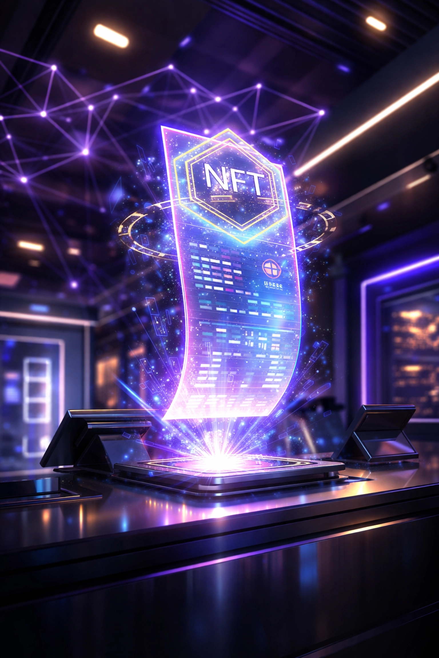 An NFT receipt floating above a digital checkout counter, illustrating secure Web3 payment verification for merchants