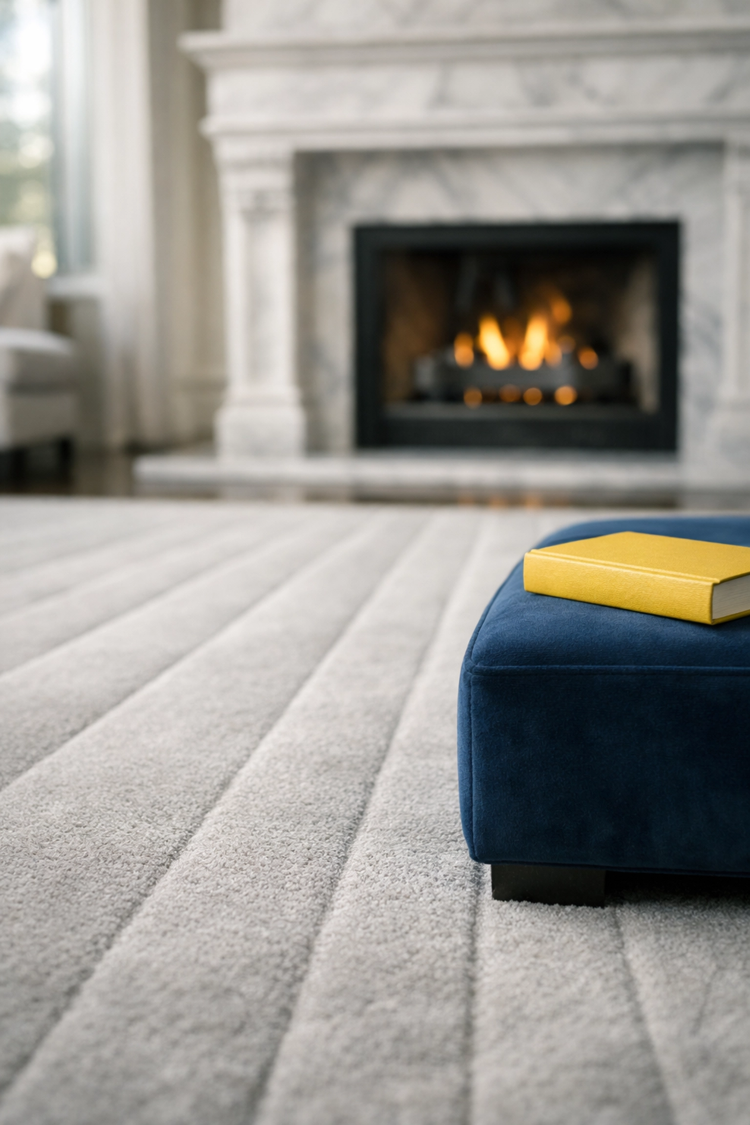 Artistic vacuum patterns in a Dover living room showing high-end residential cleaning Massachusetts results.