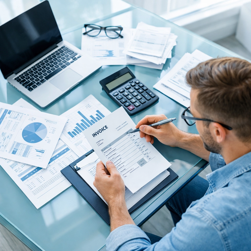 Small business owner reviewing IT support costs and invoices at desk