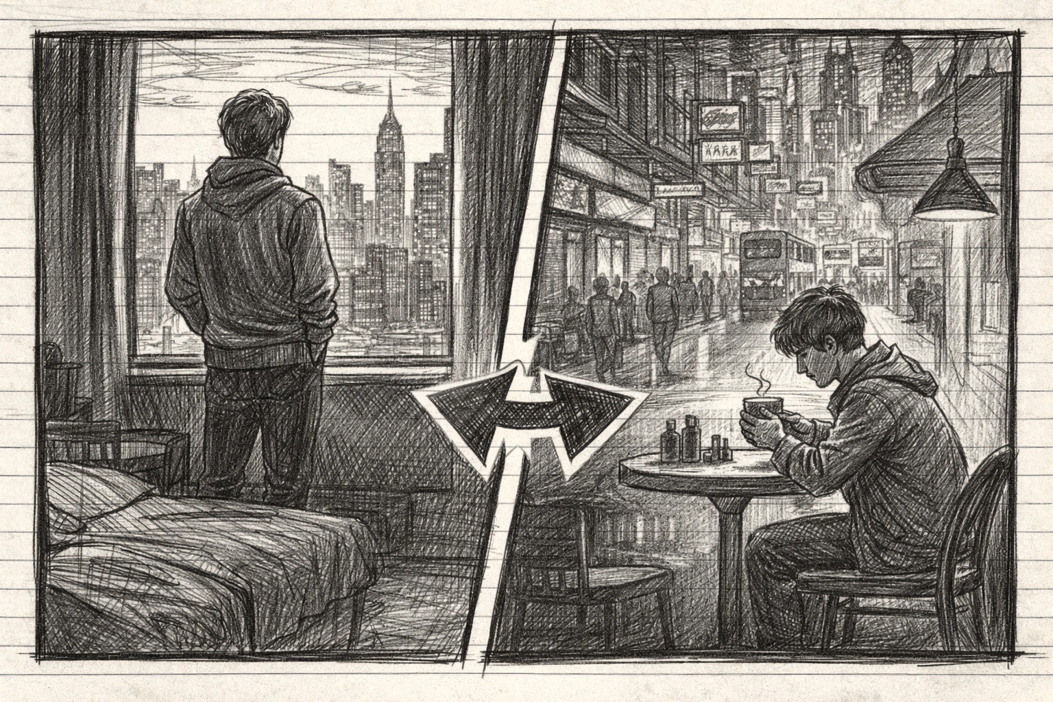 Split-screen sketch showing parallel lives: figure at New York window, another at Seoul café